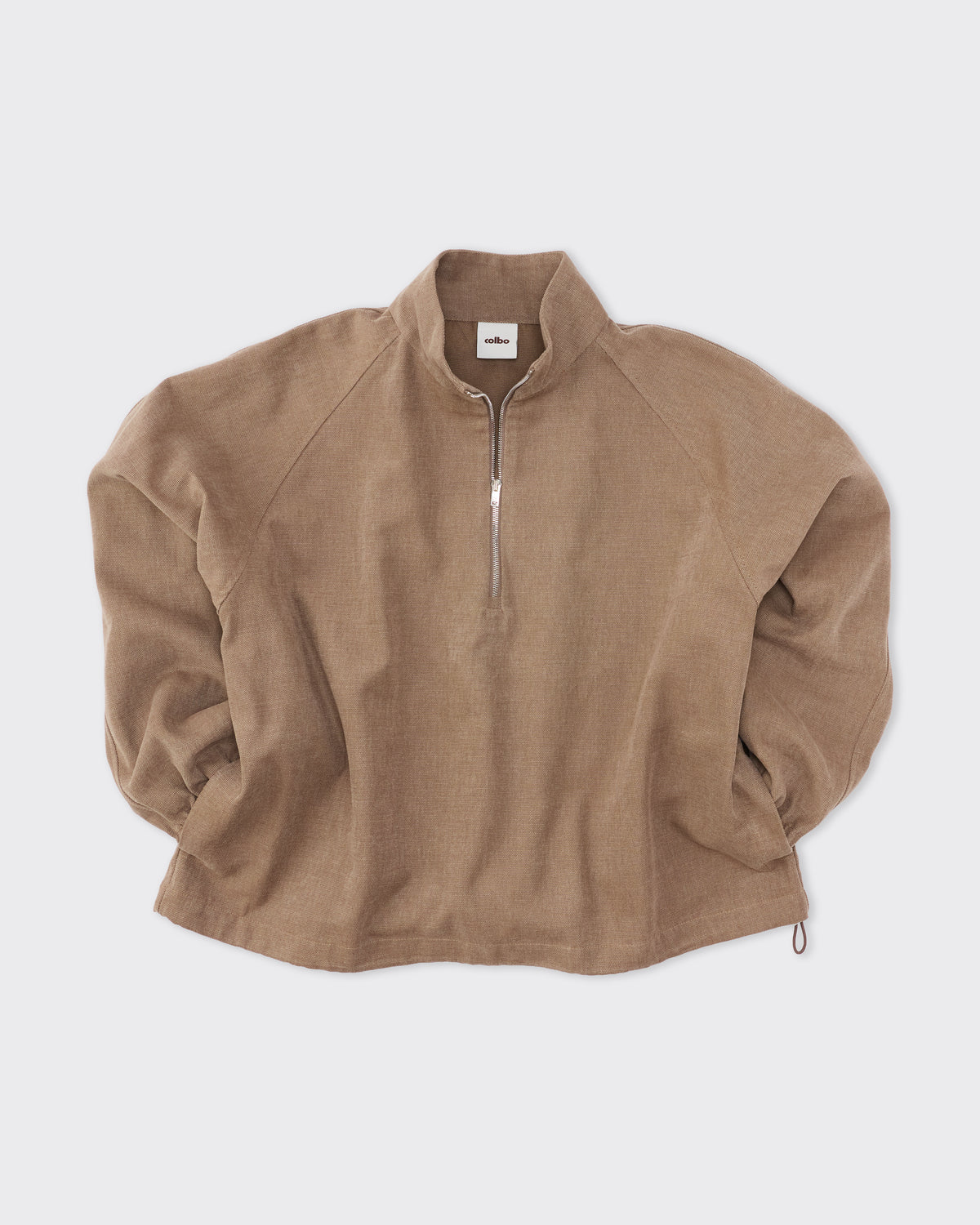 Colbo Half Zip in brushed brown cotton canvas, side, flat lay