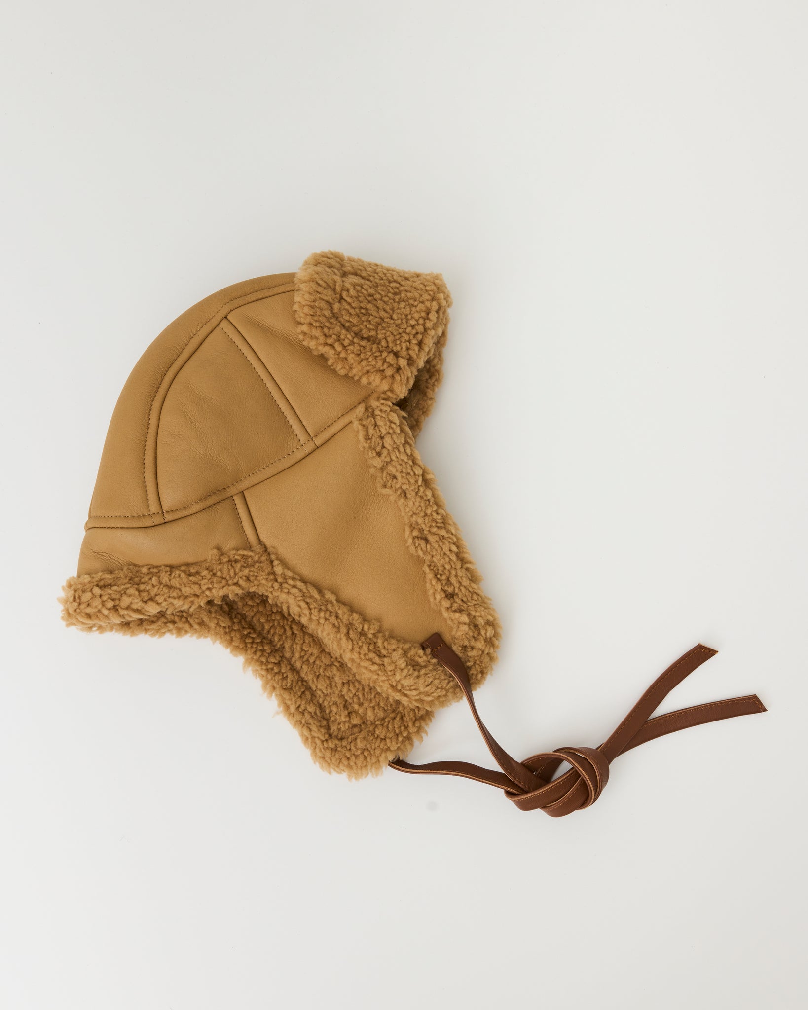 Tan Leather Back Curly Trapper Hat, Tan
