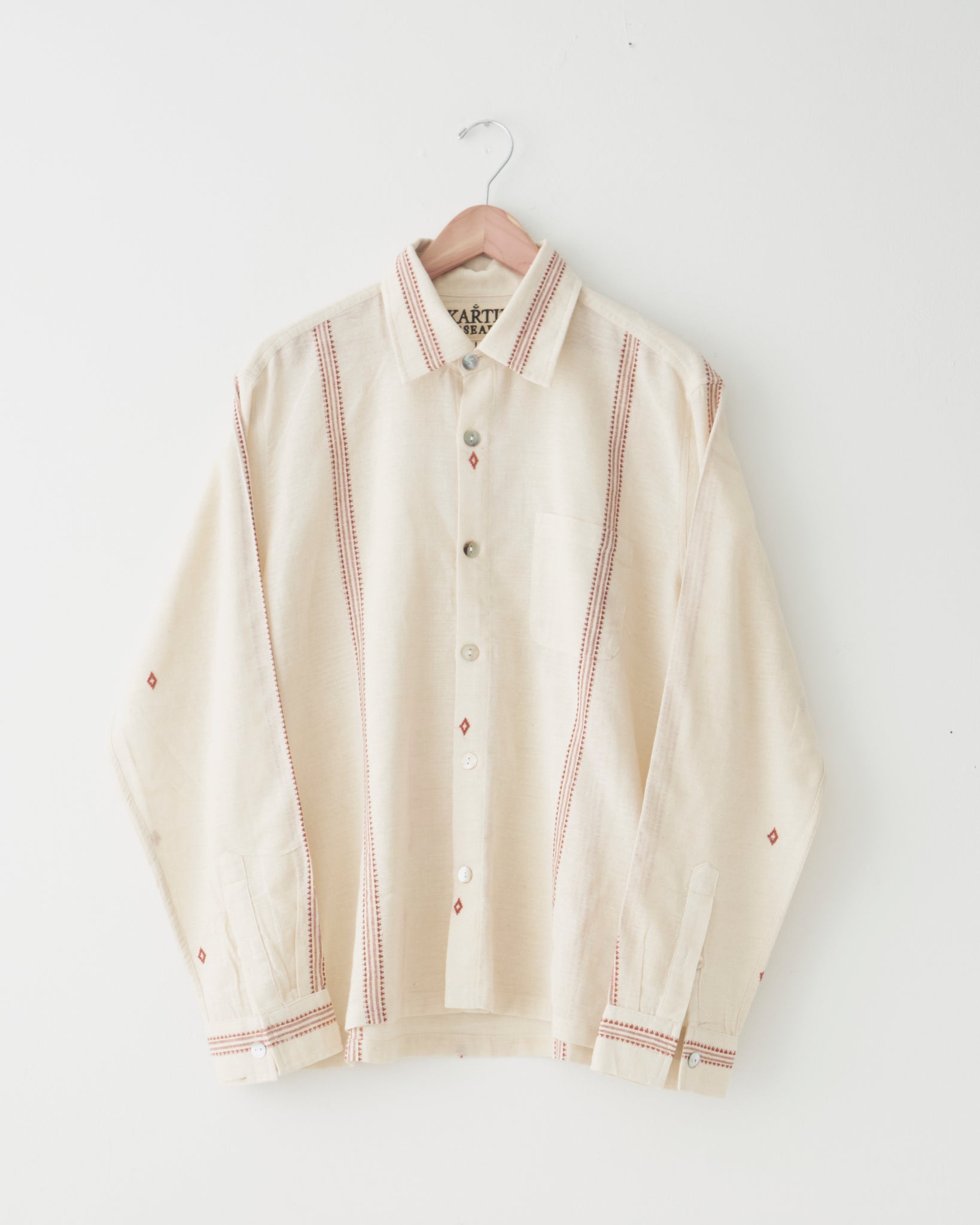 Cotton Woven Shirt, Ecru/Maroon