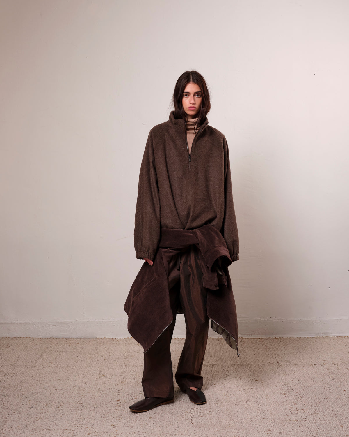 Colbo Draw Pants in washed burgundy Italian fabric, on model, full look