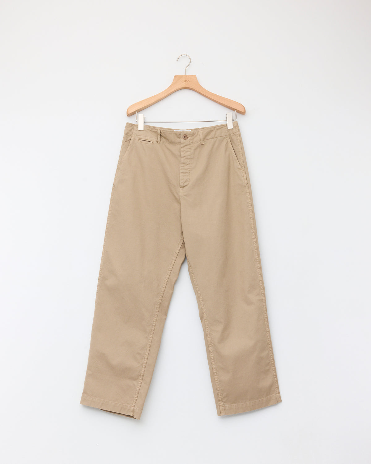 Museum Garments Off-Duty Chino in beige cotton, front, on hanger