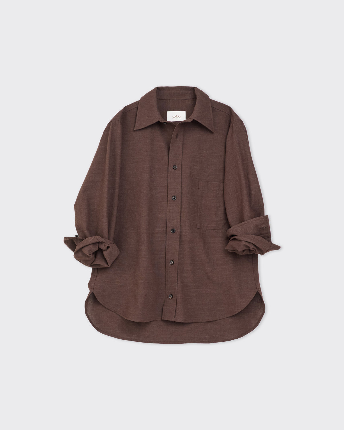Colbo Metrics Shirt in brown wool-cotton, front, sleeves rolled, flat lay