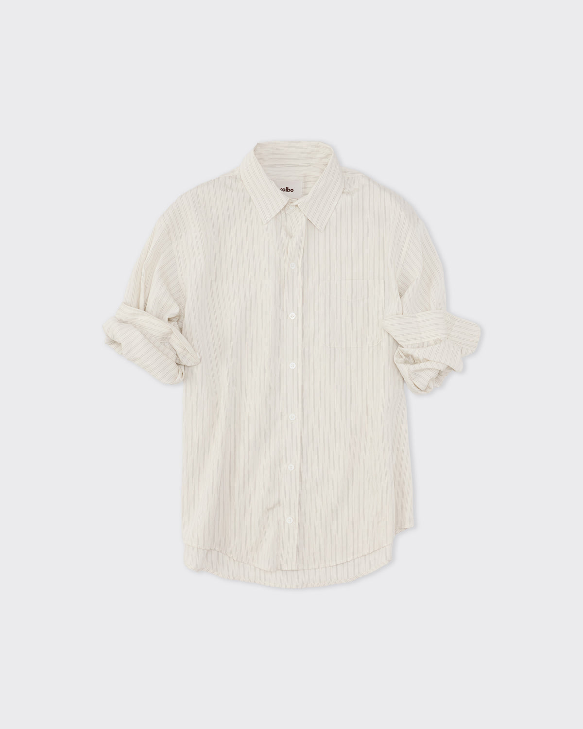 Colbo Office Shirt in triple line stripe Italian modal, front, sleeves rolled, flat lay