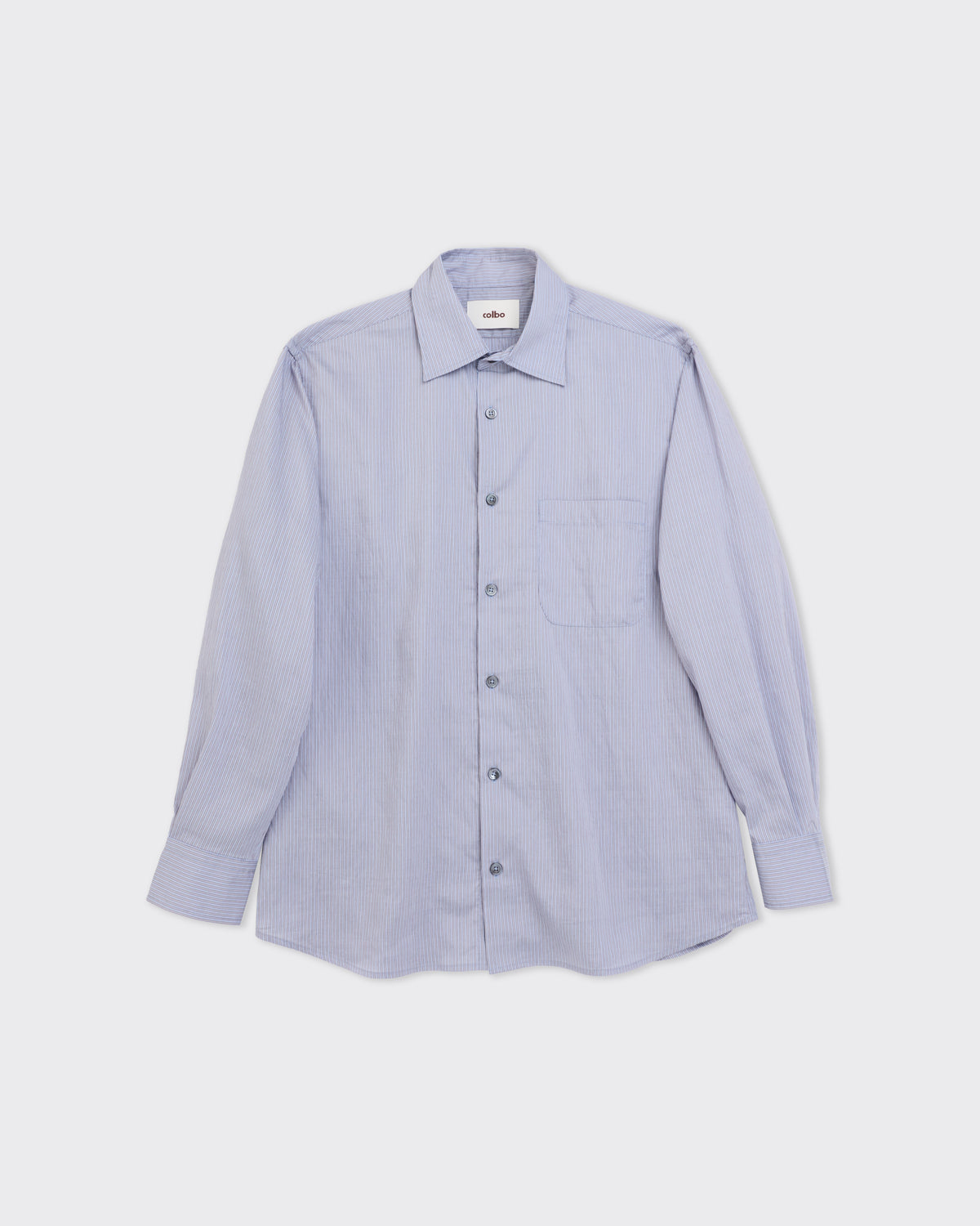 Colbo Pen Shirt in crinkled pinstripe lyocell wide collar, front, flat lay