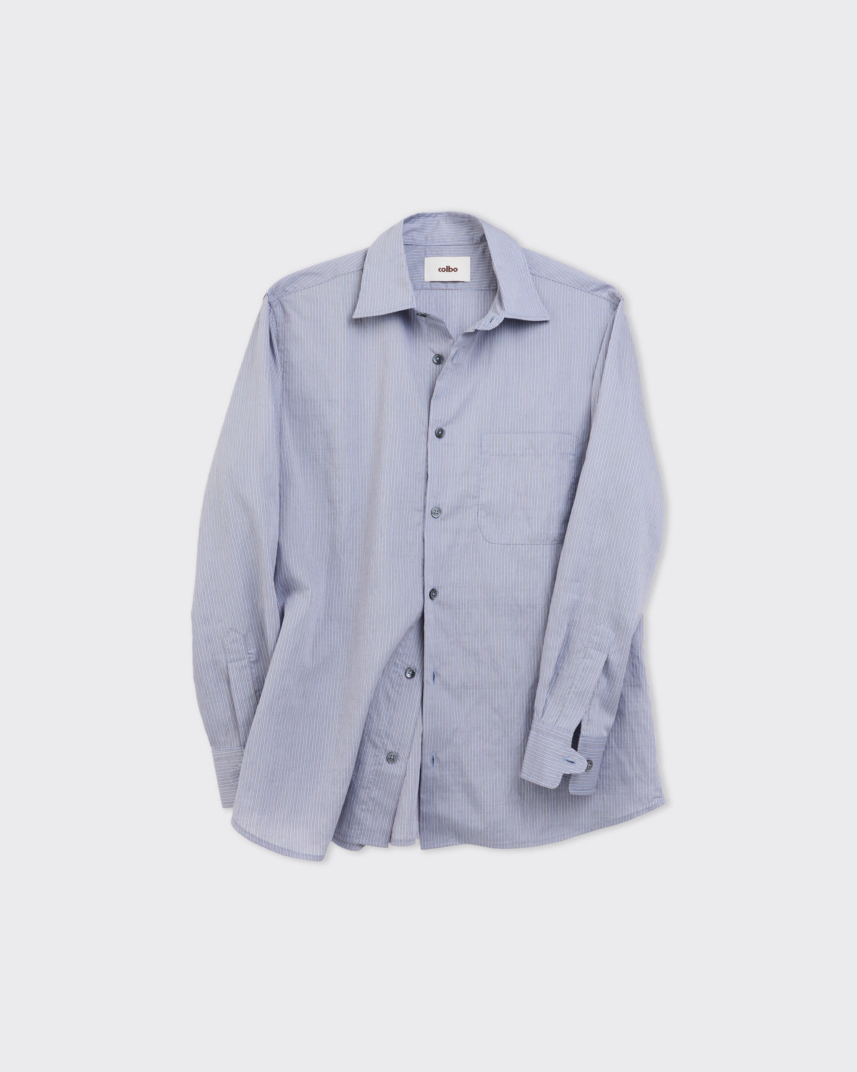 Colbo Pen Shirt in crinkled pinstripe lyocell, front, flat lay, styled unbuttoned