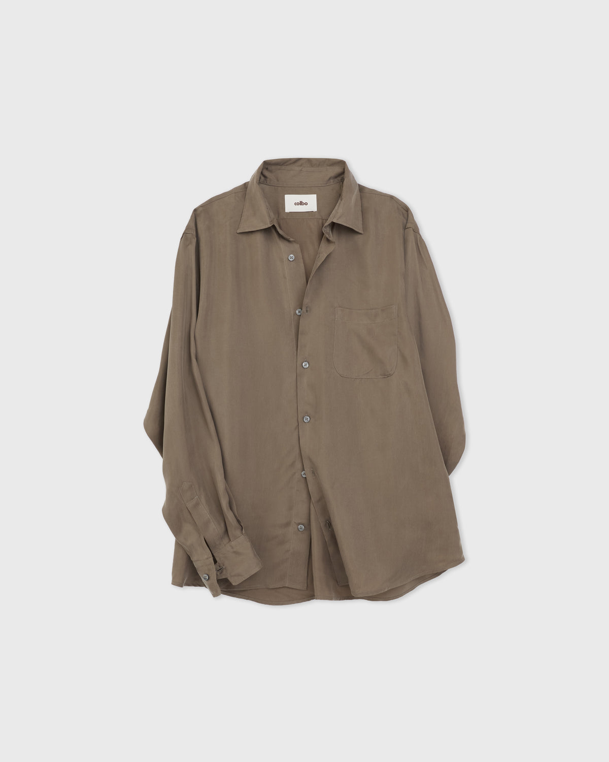 Colbo Pen Shirt in sage washed cupro, front, stylized sleeves, flat lay