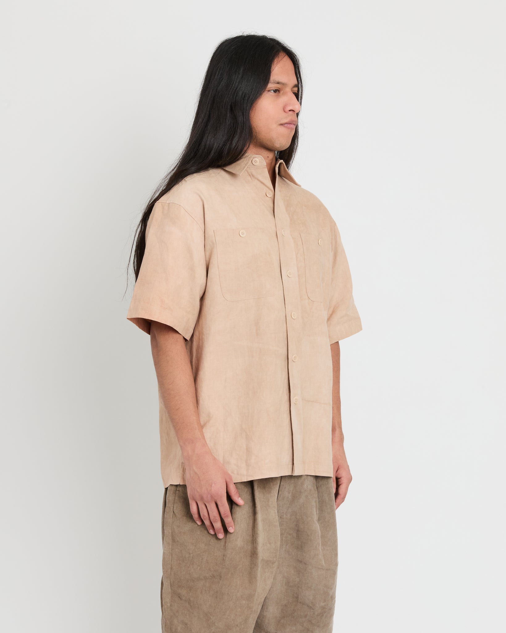 Short Sleeve Buttoned Shirt, Wash Light Brown