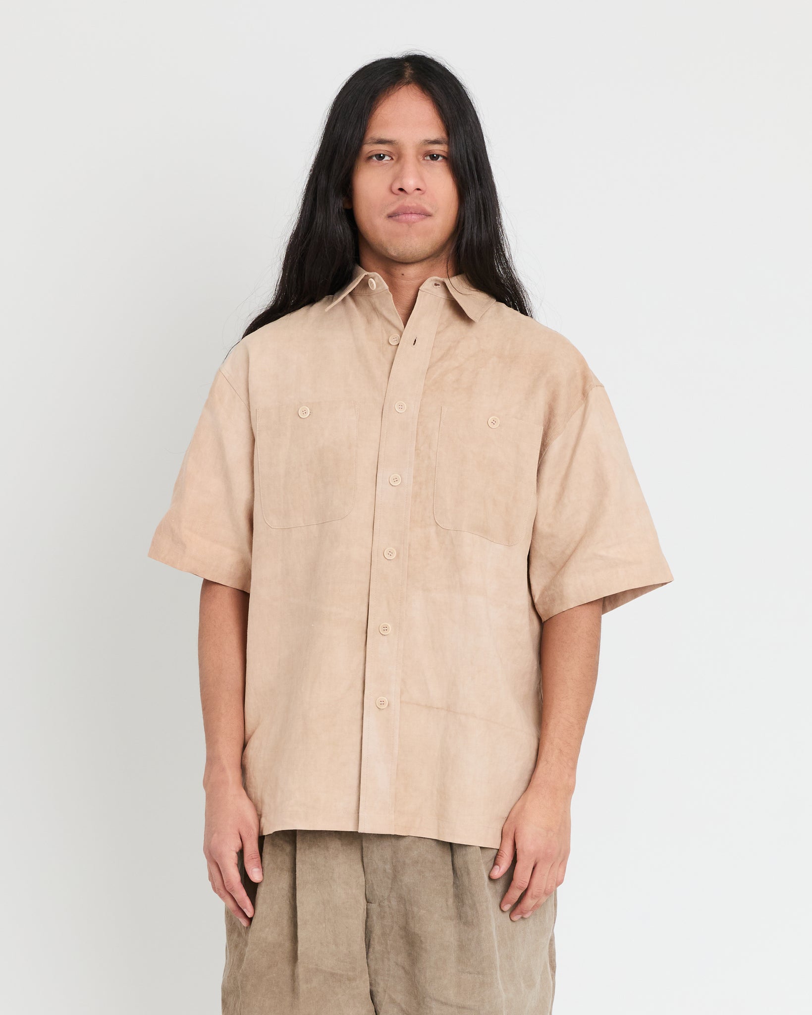 Short Sleeve Buttoned Shirt, Wash Light Brown