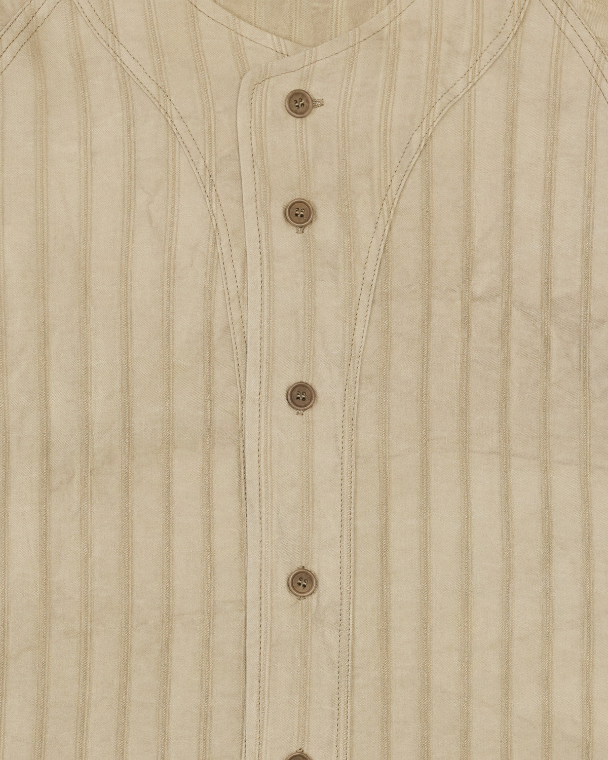 Colbo Baseball Shirt in mineral striped viscose, raglan seam and button placket close-up