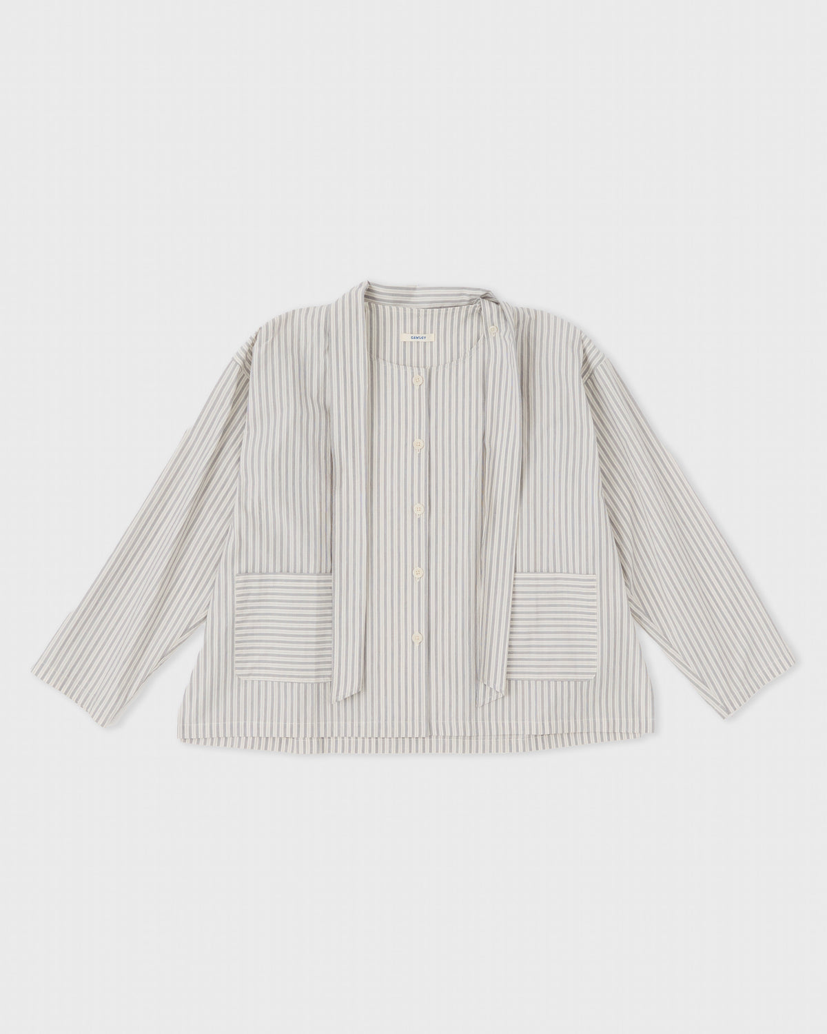 Cawley Japanese Typewriter Cotton Dorothy Shirt in natural, navy and gray stripe, front with neck tie, flat lay