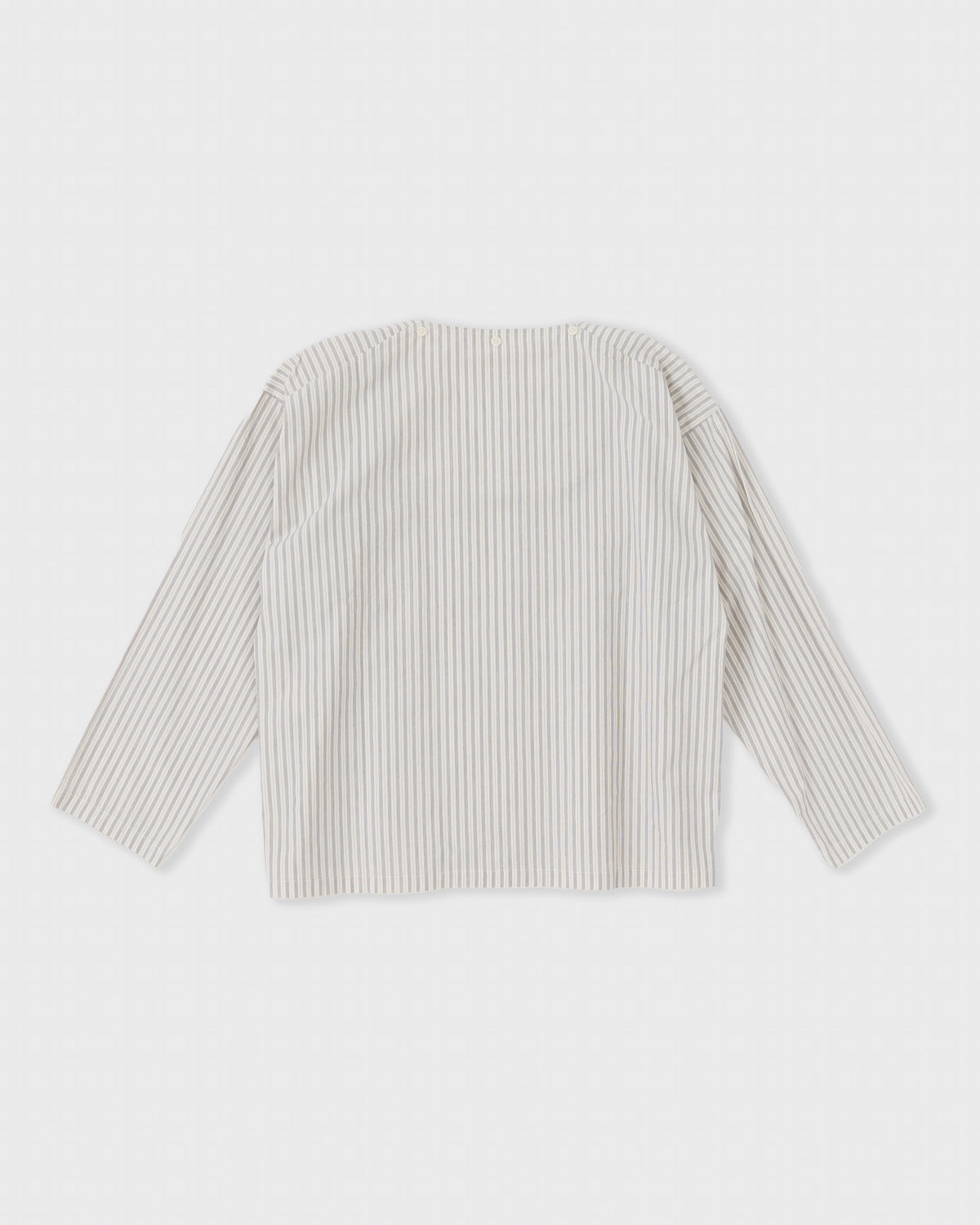 Cawley Japanese Typewriter Cotton Dorothy Shirt in natural, navy and gray stripe, back, flat lay