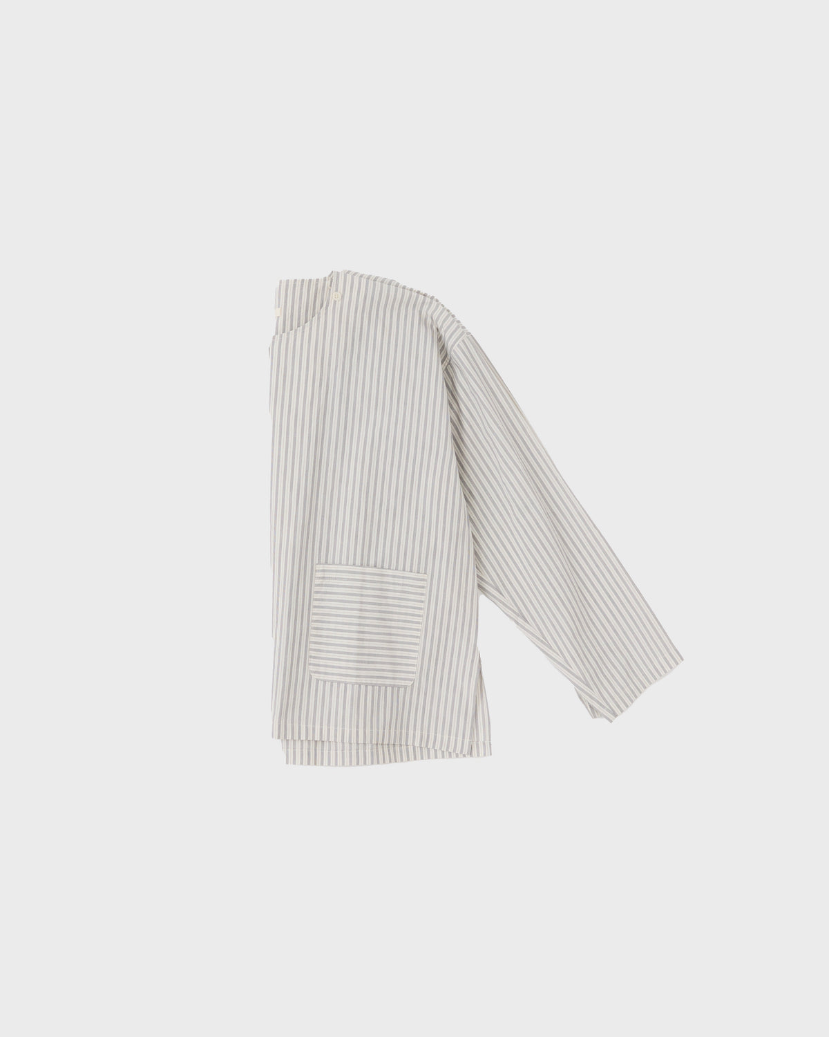 Cawley Japanese Typewriter Cotton Dorothy Shirt in natural, navy and gray stripe, side, flat lay