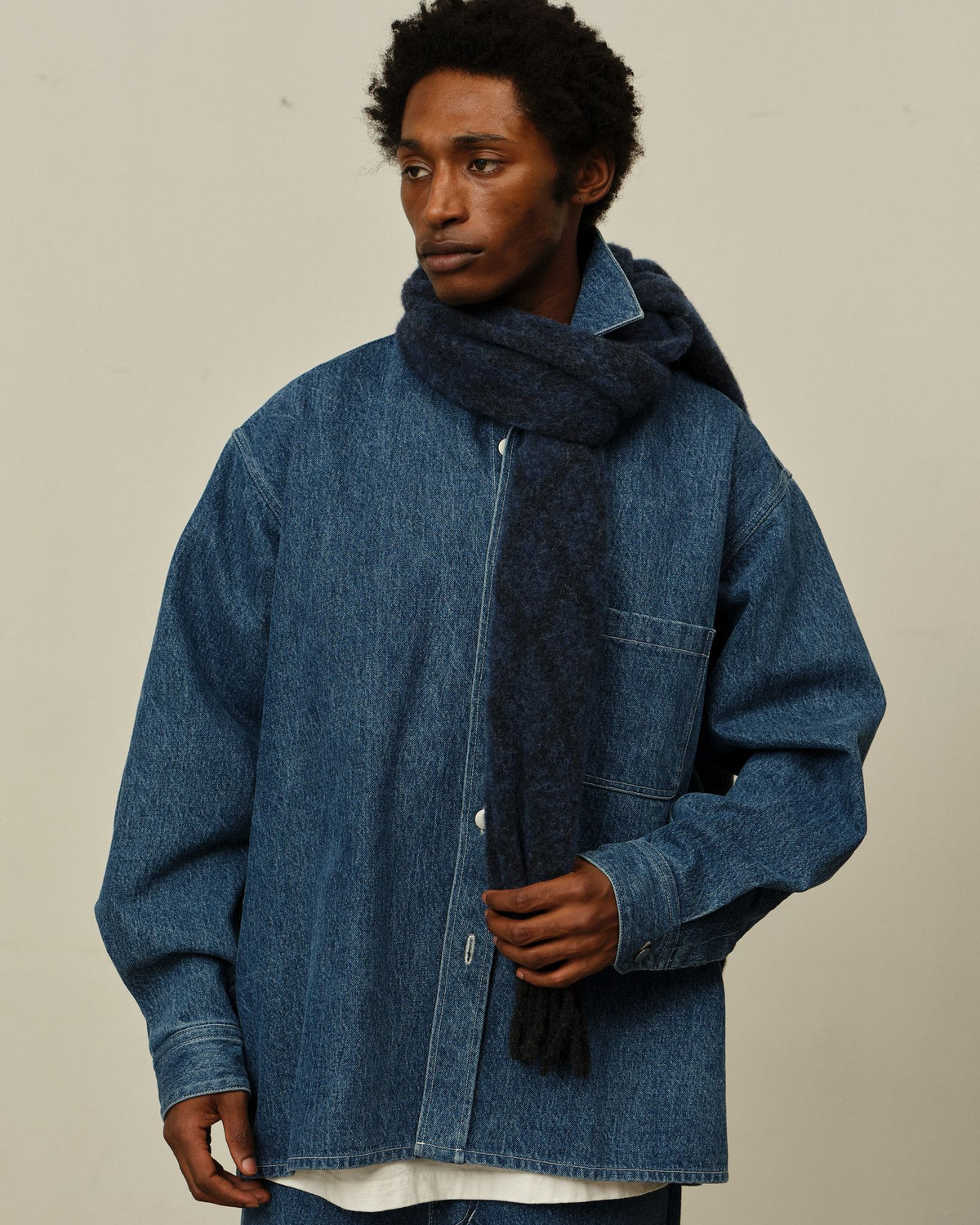 Colbo Overshirt and Jeans in Stone Blue Denim, worn with a fuzzy navy knit scarf