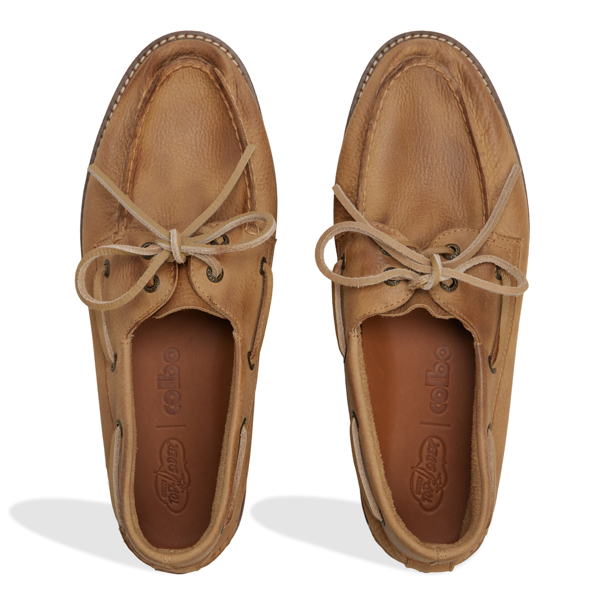 Sperry x Colbo Authentic Original 2-Eye boat shoe in distressed leather, pair, top-down view