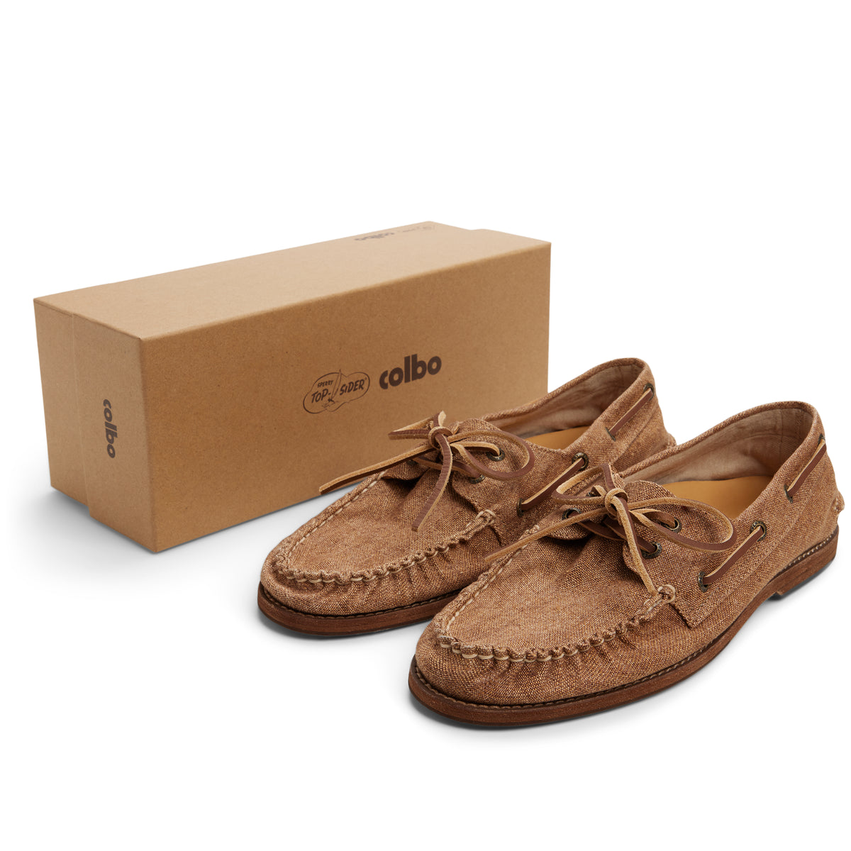 Sperry x Colbo Authentic Original 2-Eye boat shoe in washed linen, pair with Colbo x Sperry box