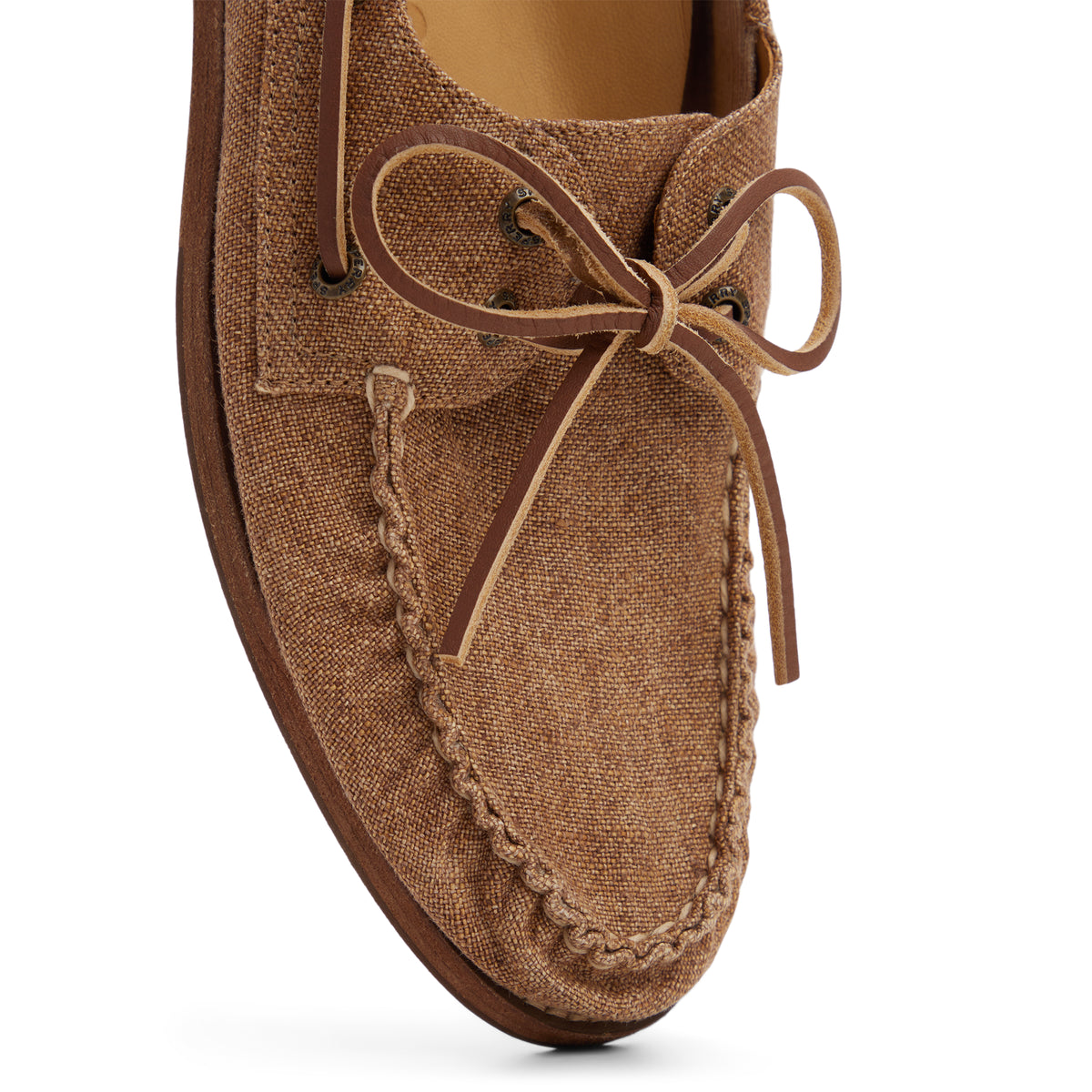 Sperry x Colbo Authentic Original 2-Eye boat shoe in washed linen, toe, lacing, and moc stitch close-up