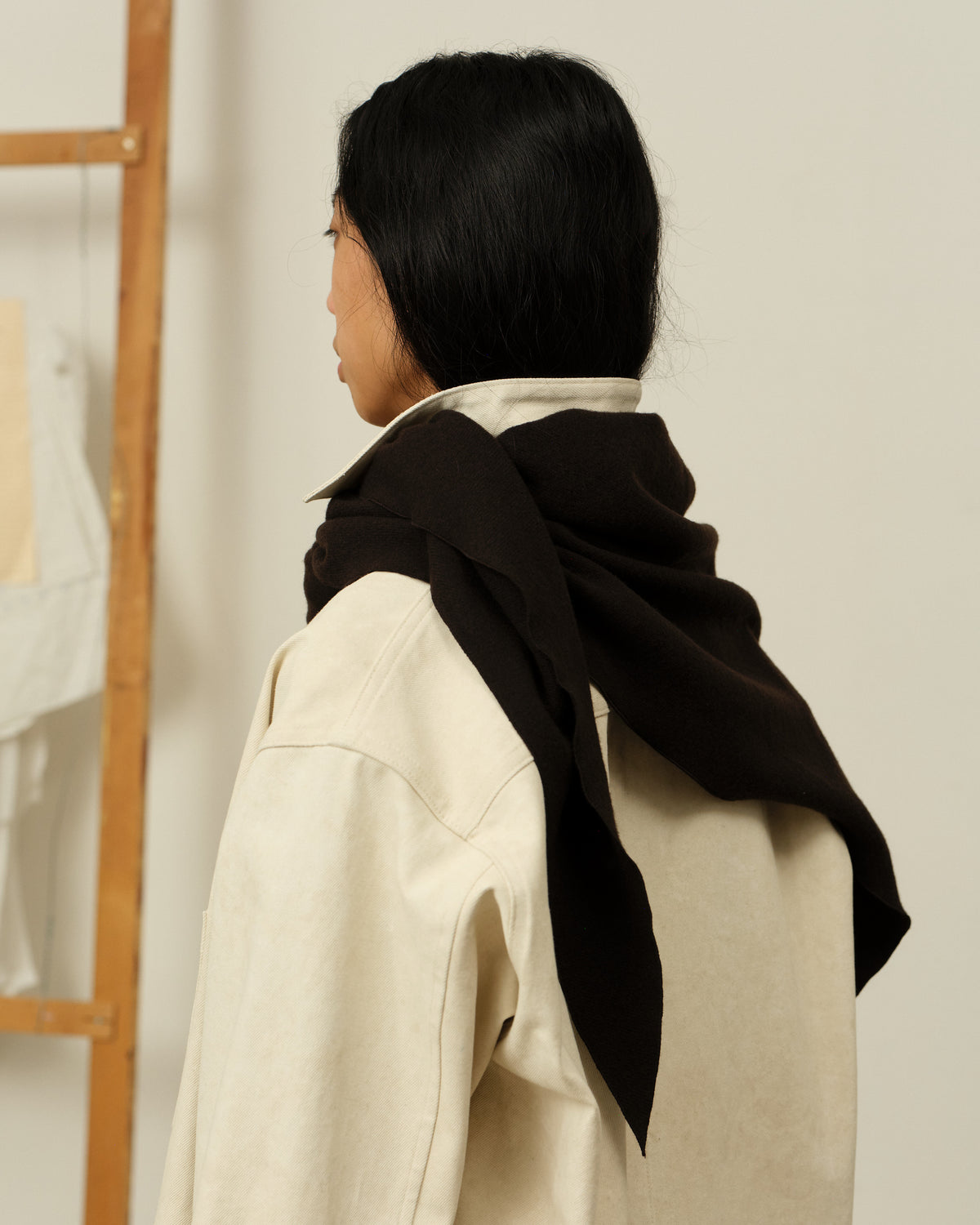 Colbo Triangle Scarf in dark plum, on model, side