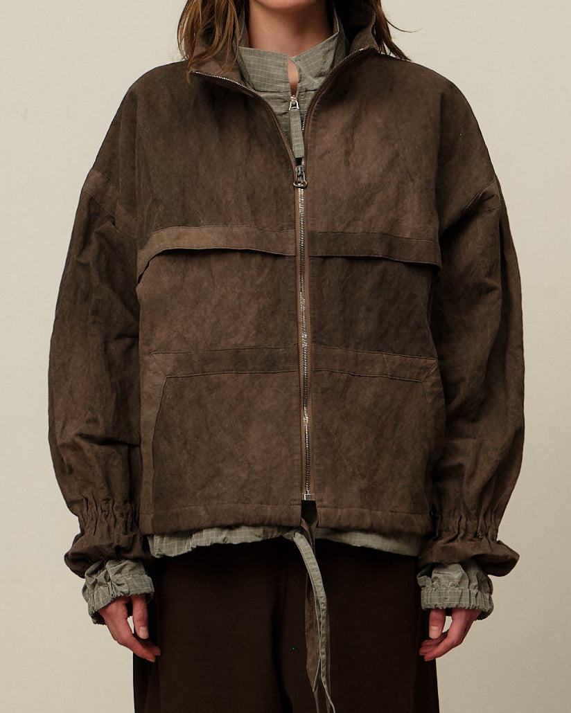 Colbo Mel Jacket in washed brown metal, on model, full length