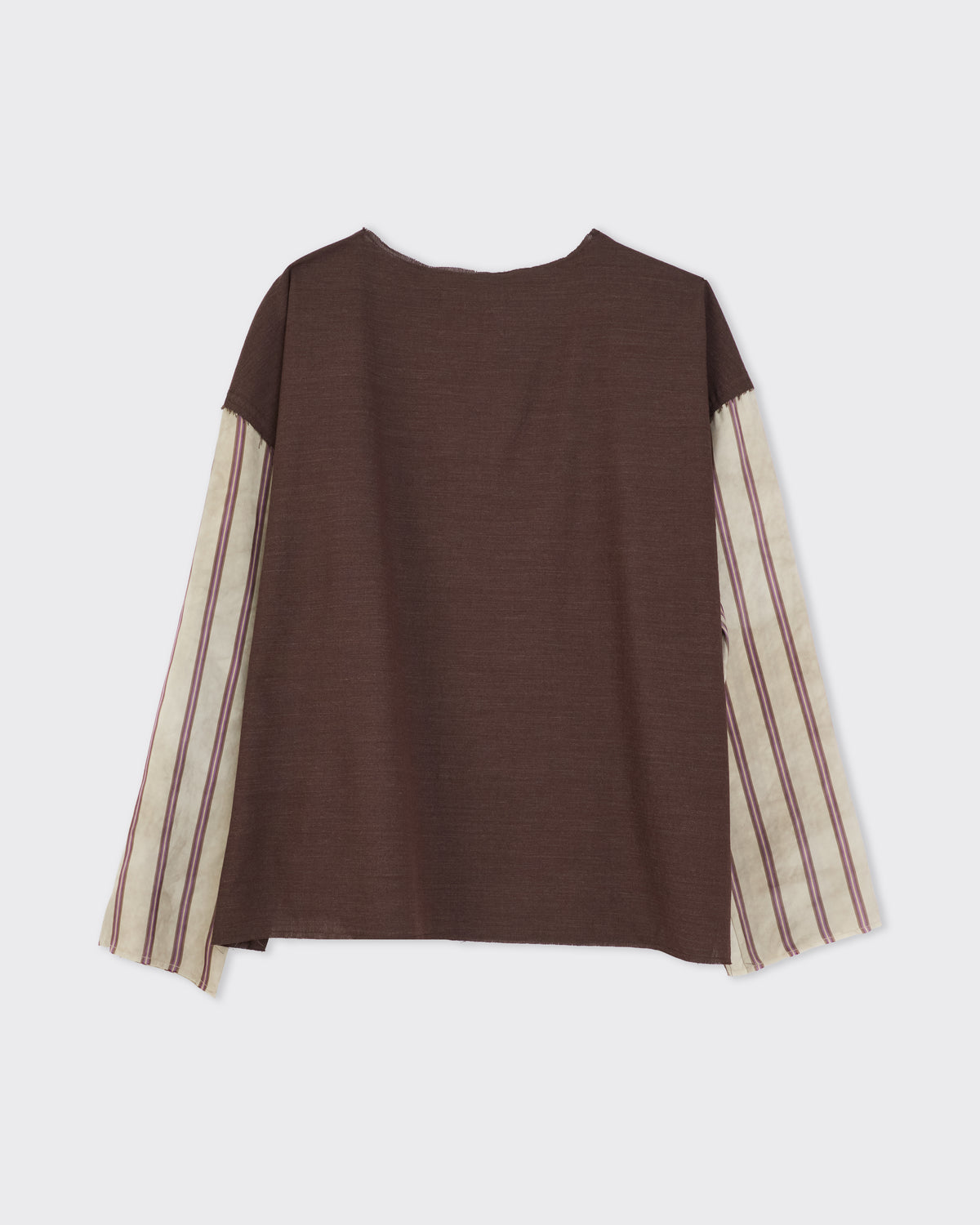 Colbo Angel Top in brown wool-cotton with striped cupro sleeves, back, flat lay