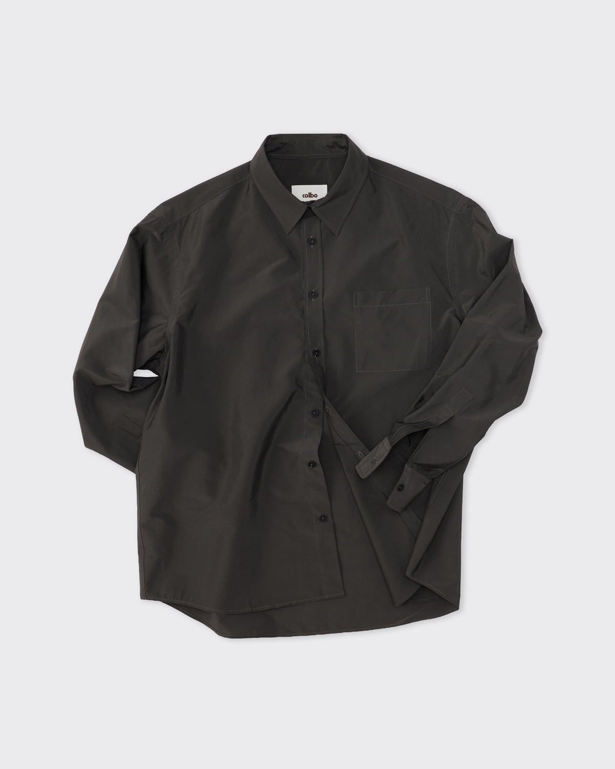 Colbo TK Shirt in washed black viscose-nylon, front, sleeves rolled, flat lay