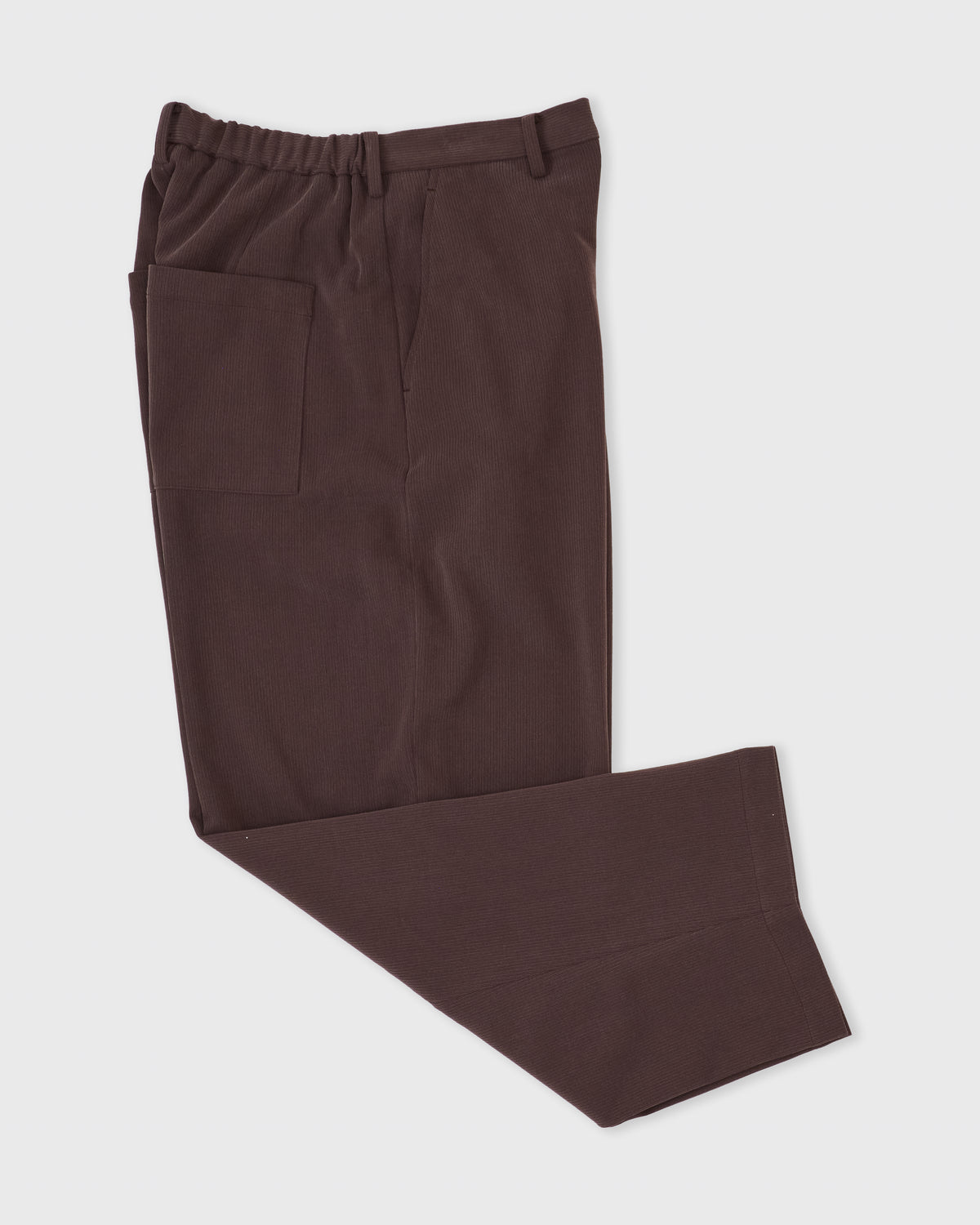 Kanemasa Phil Cupro Fibril Rib Pants in brown, side, folded flat lay with back pocket