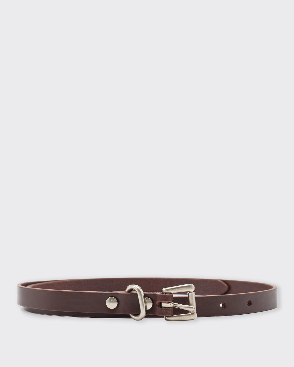 Yoko Sakamoto Standard Belt Slim in brown and silver, laid flat