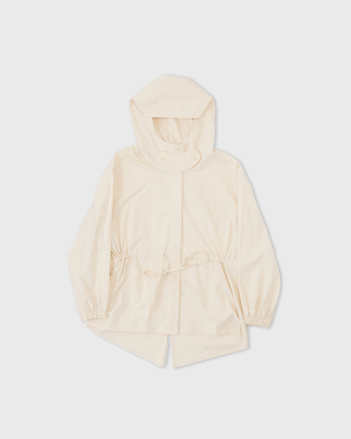 Cawley Japanese Cotton Mona Parka Shirt in natural, front with hood up, flat lay