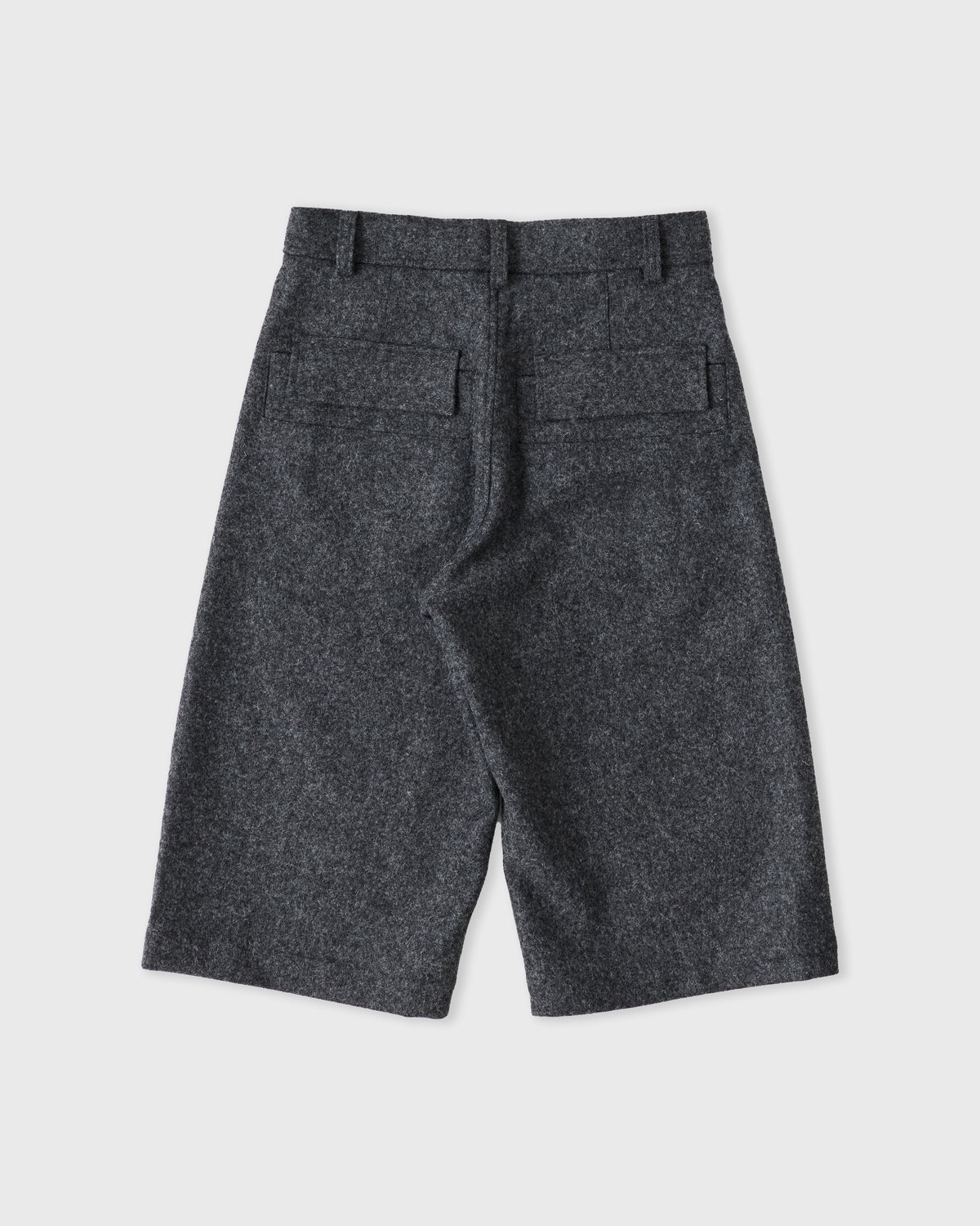 Sage Nation Mainichi Short in dark gray wool melton, back, flat lay