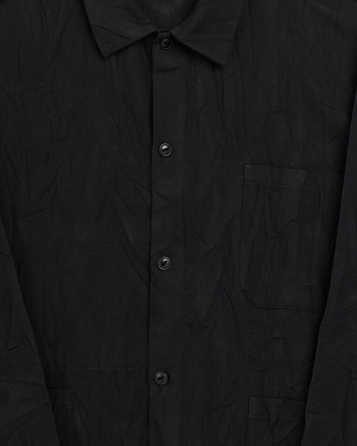 Yoko Sakamoto Work Shirt in black, placket and chest pocket close-up