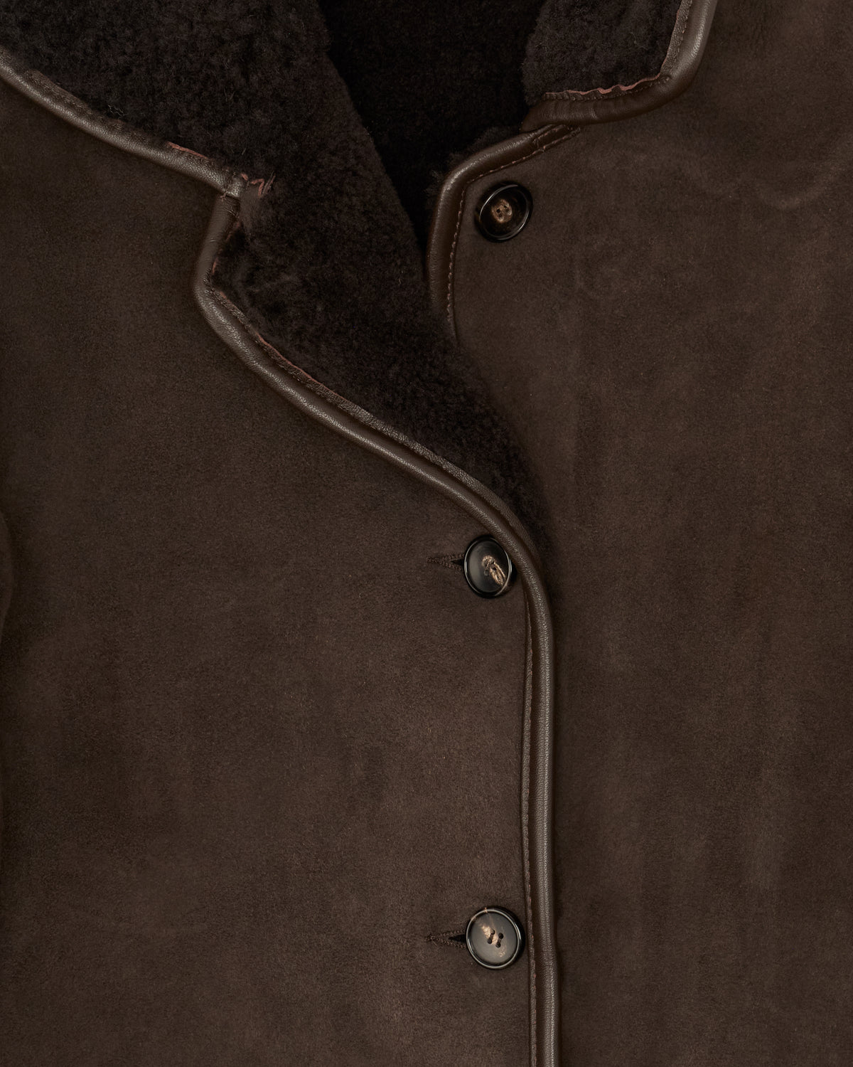 Cawley Suede Back Curly Hair Avis Jacket in chocolate, collar and button detail