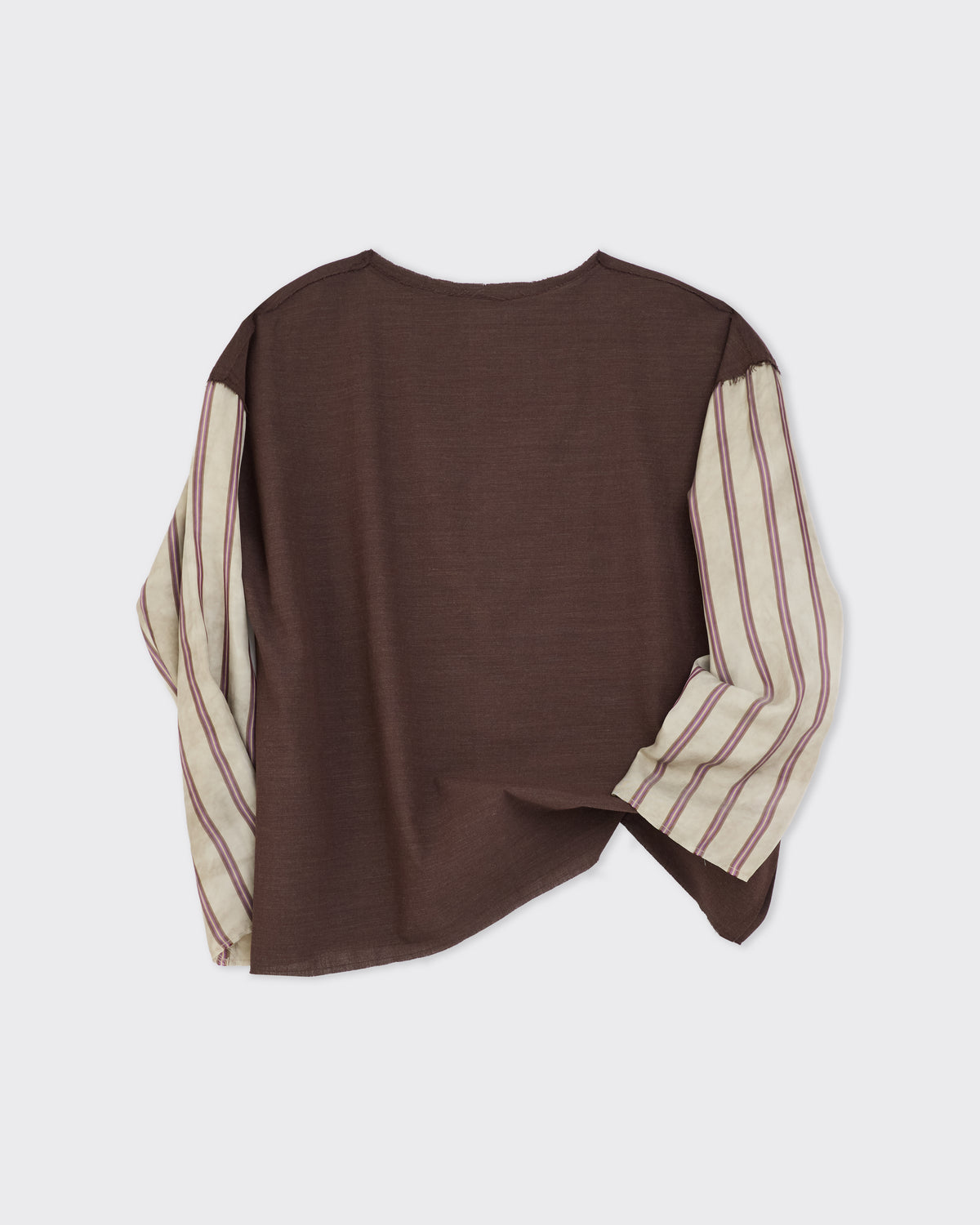 Colbo Angel Top in brown wool-cotton with striped cupro sleeves, side, flat lay