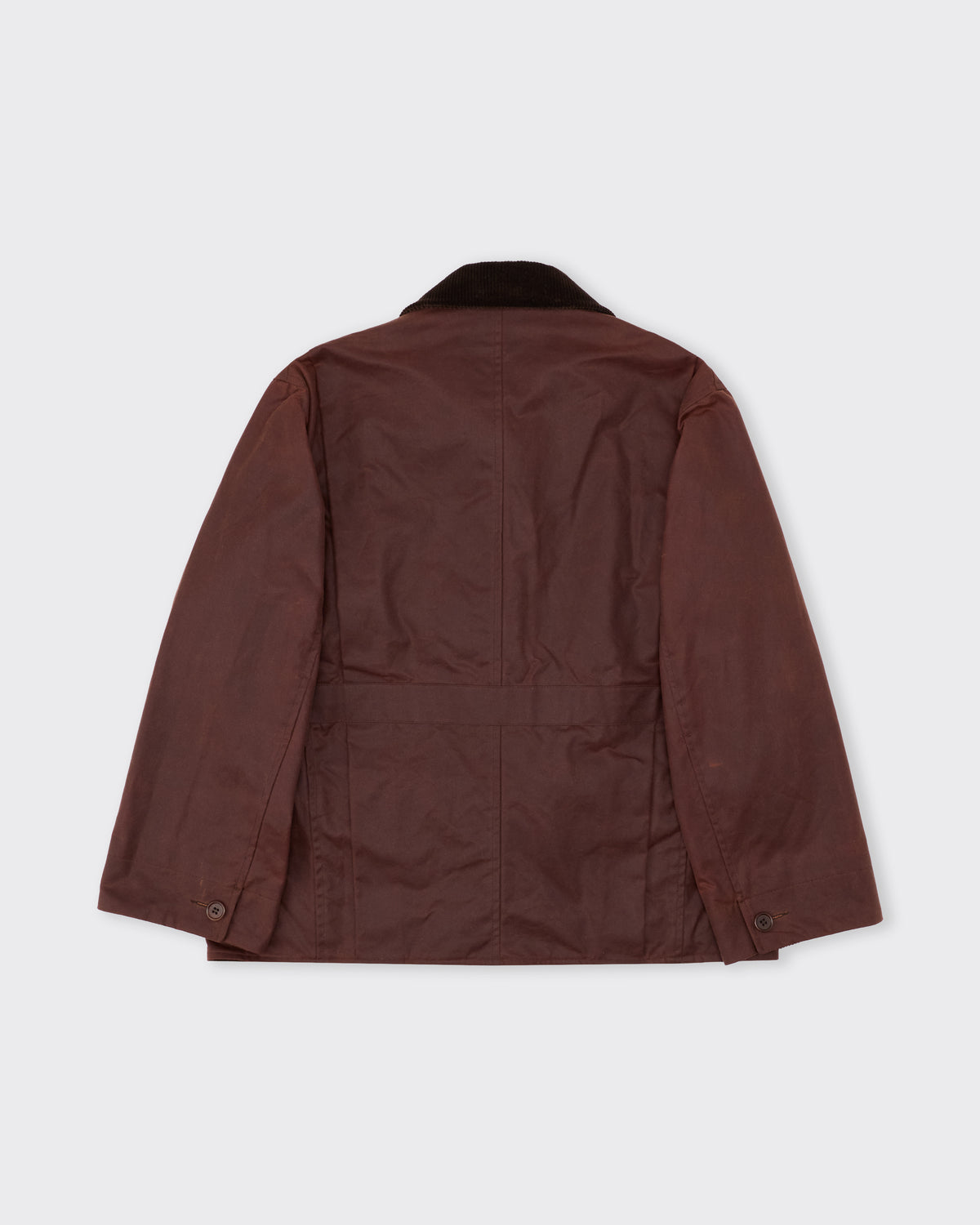Cawley Waxed Oilskin Hunter Jacket in chestnut with chocolate cord collar, back