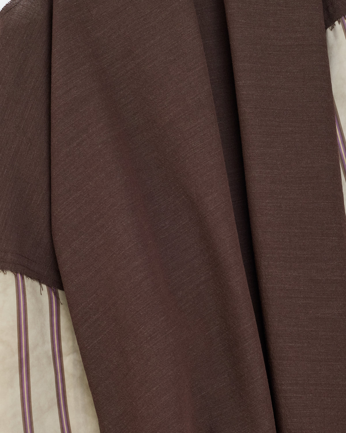 Colbo Angel Top in brown wool-cotton with striped cupro sleeves, wool body and striped cupro sleeve close-up