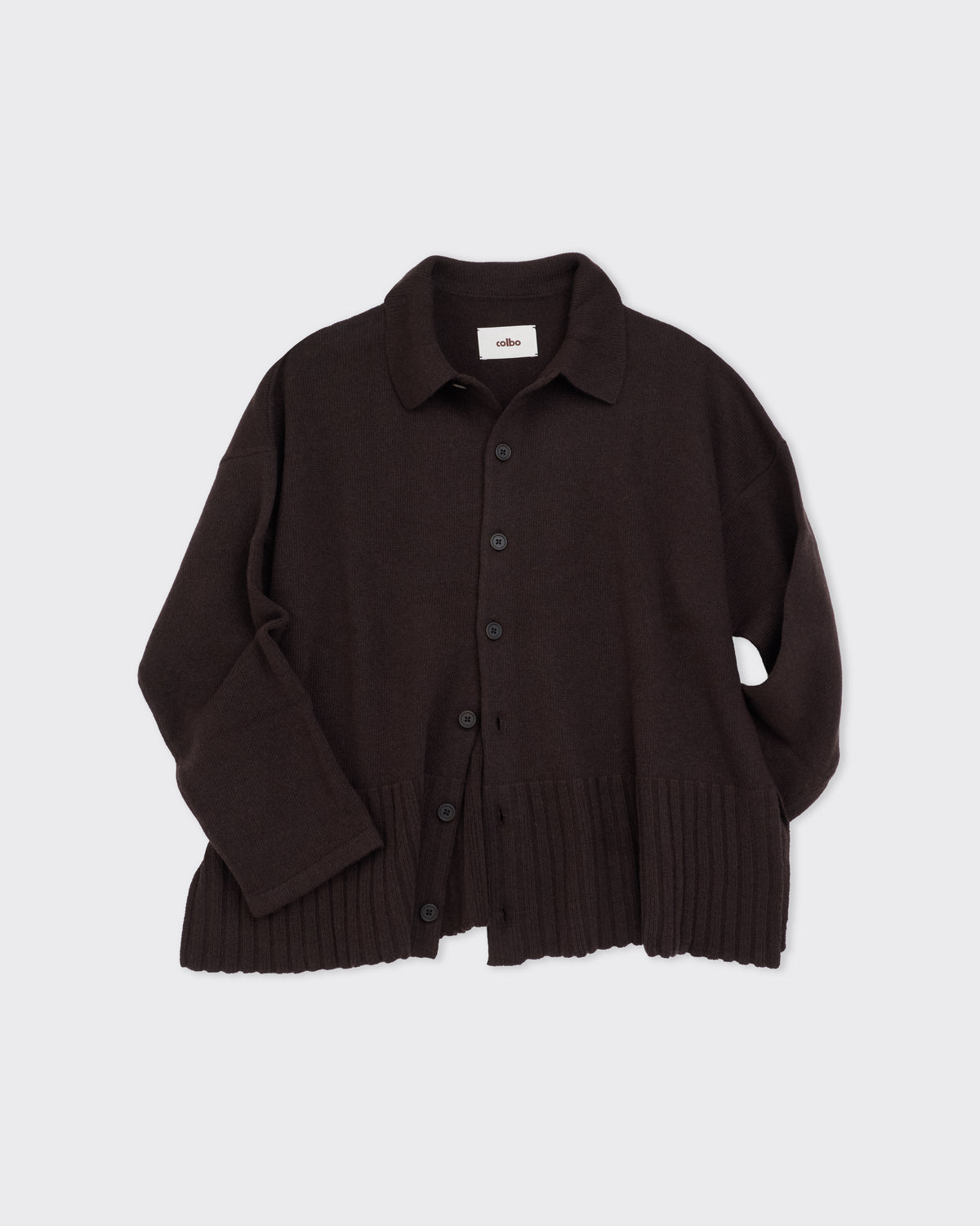 Colbo Knit Cardigan Polo in dark brown wool-cashmere, front, sleeves folded, flat lay