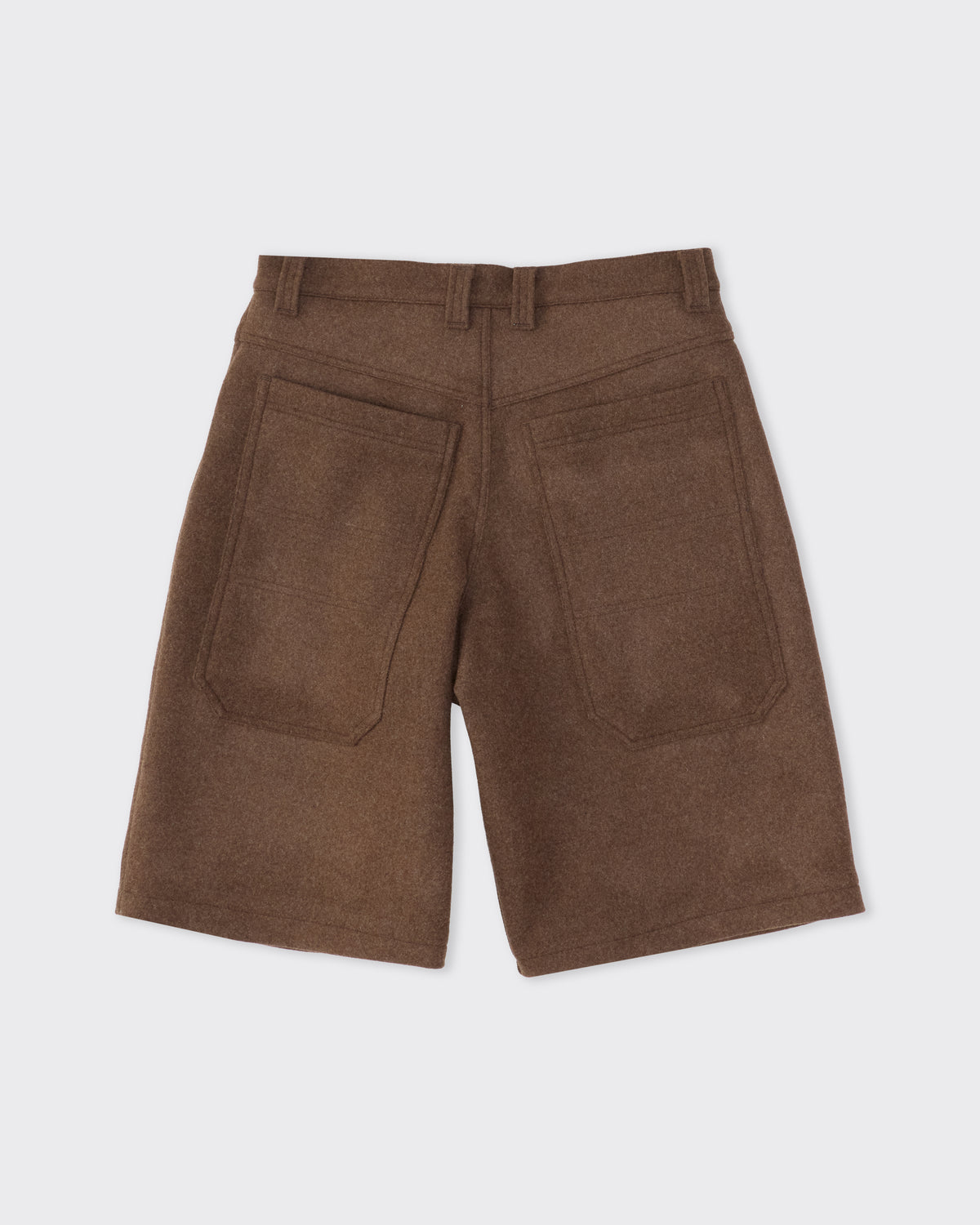 Colbo Big Pocket Short in brown Japanese wool, back, flat lay