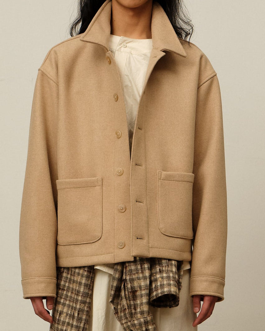 Colbo Steam Jacket in beige, on model, full length