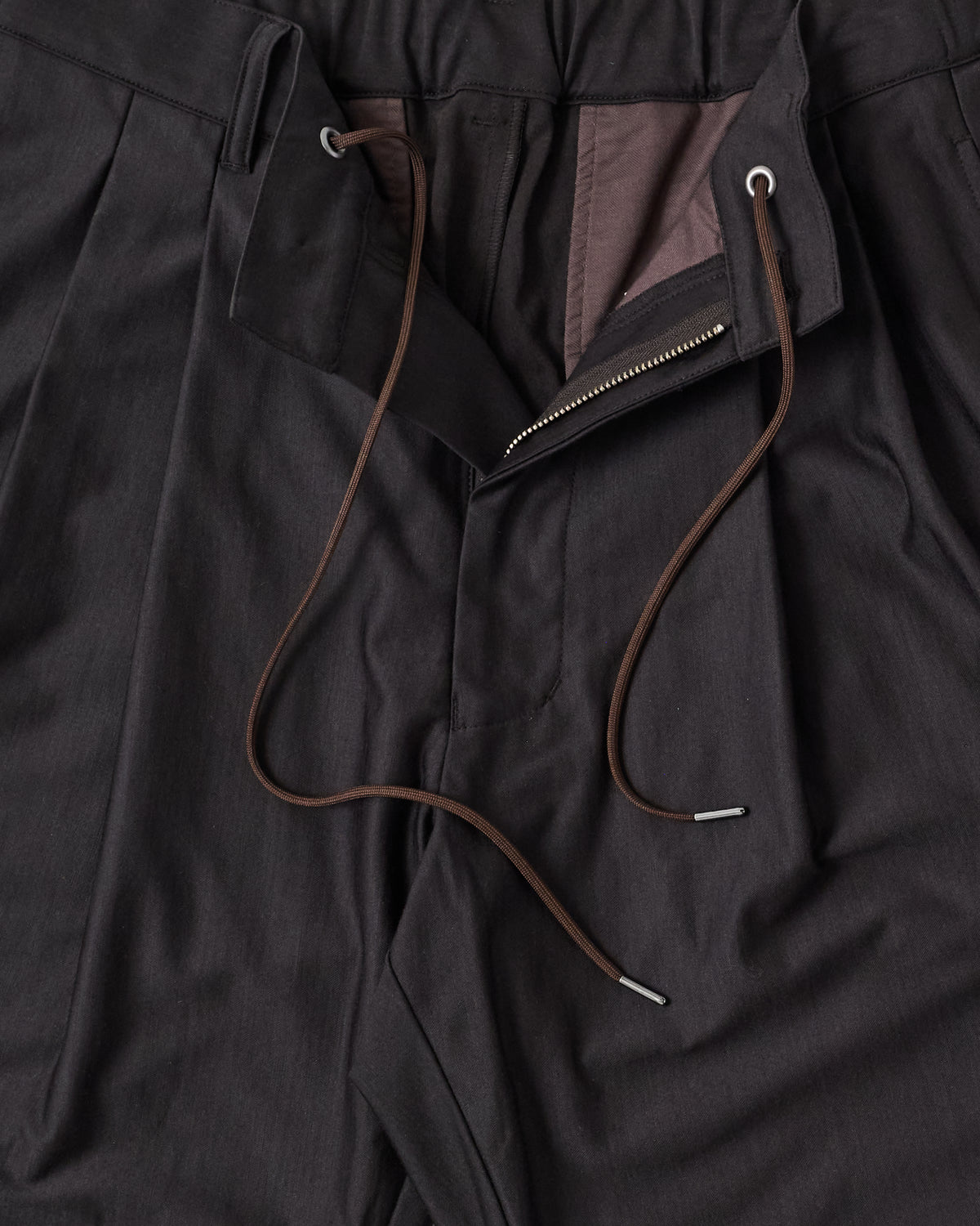 Kanemasa Phil Wool Trousers in brown wool blend, waistband close-up with drawstring and open fly