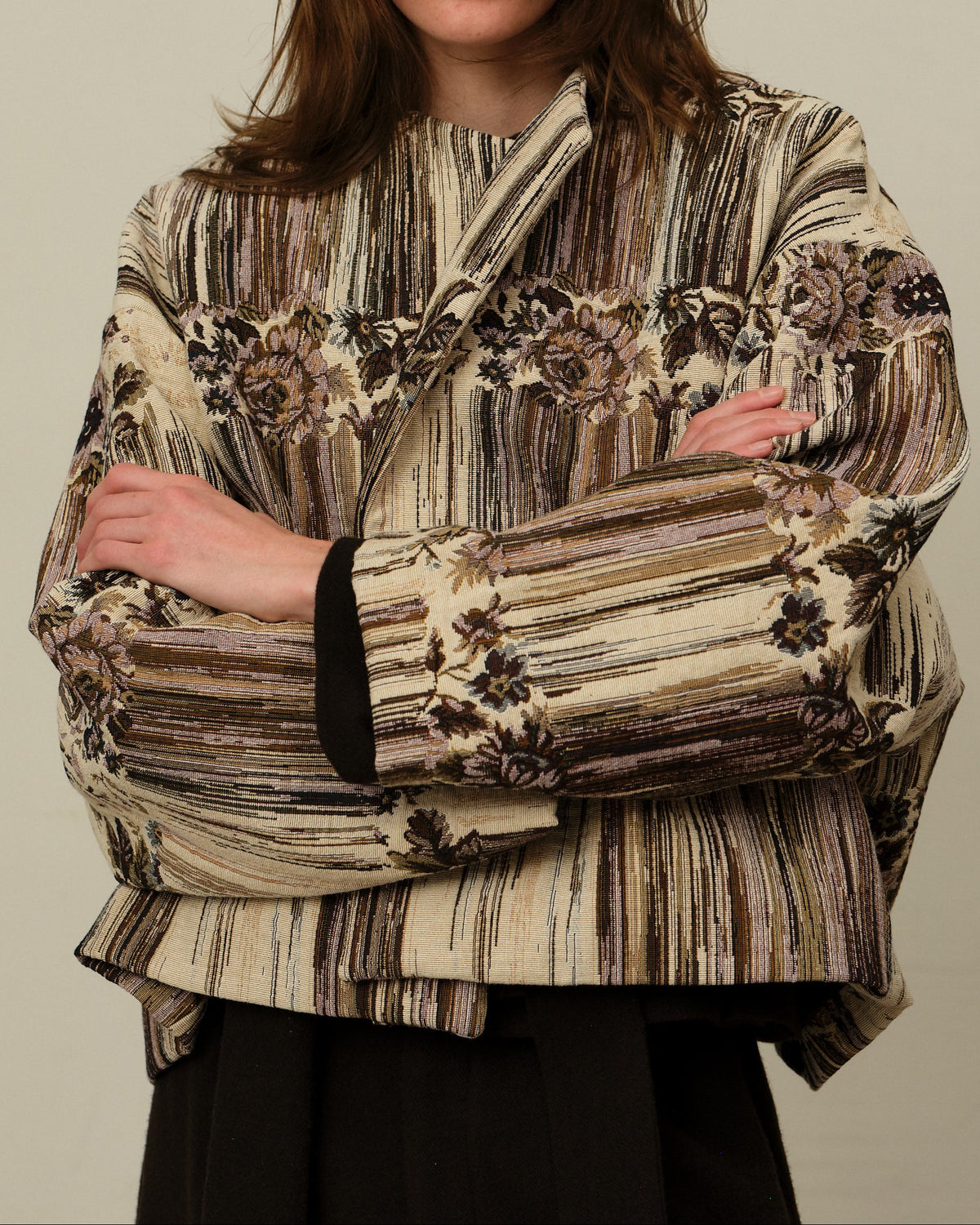 Colbo Omi Jacket in melting florals, on model, front