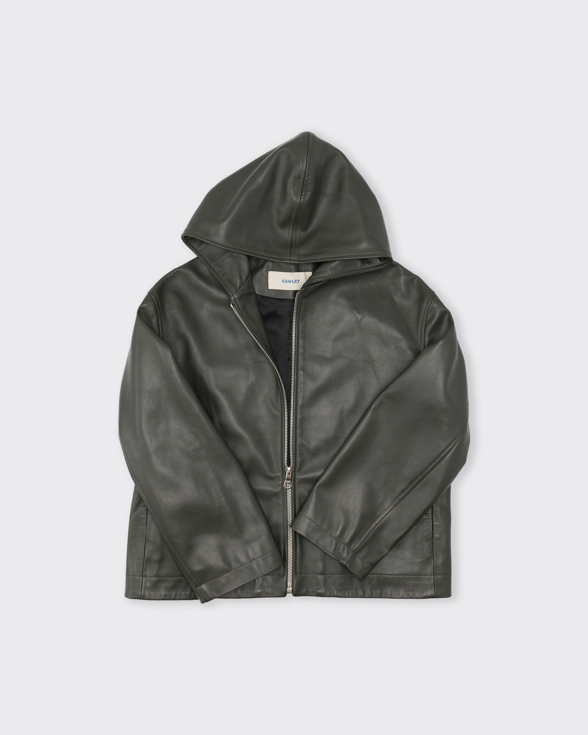 Cawley Waxy Lamb Leather Zip-Up Hoodie in olive, three-quarter view