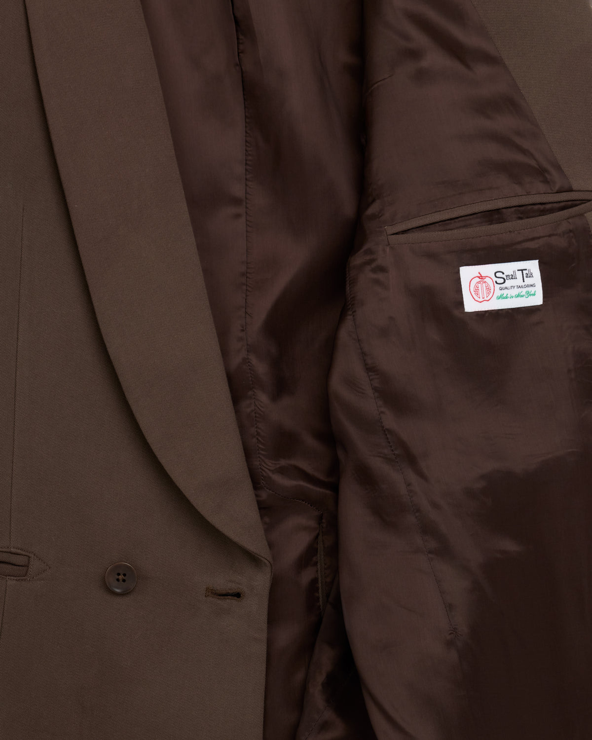 Small Talk Studio Shawl Collar Double Breasted Blazer in dark brown, shawl collar and lining detail
