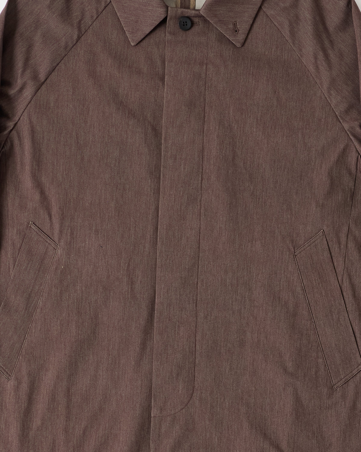 Kanemasa Phil Solaro Raglan Coat in brown, collar, placket and pockets close-up