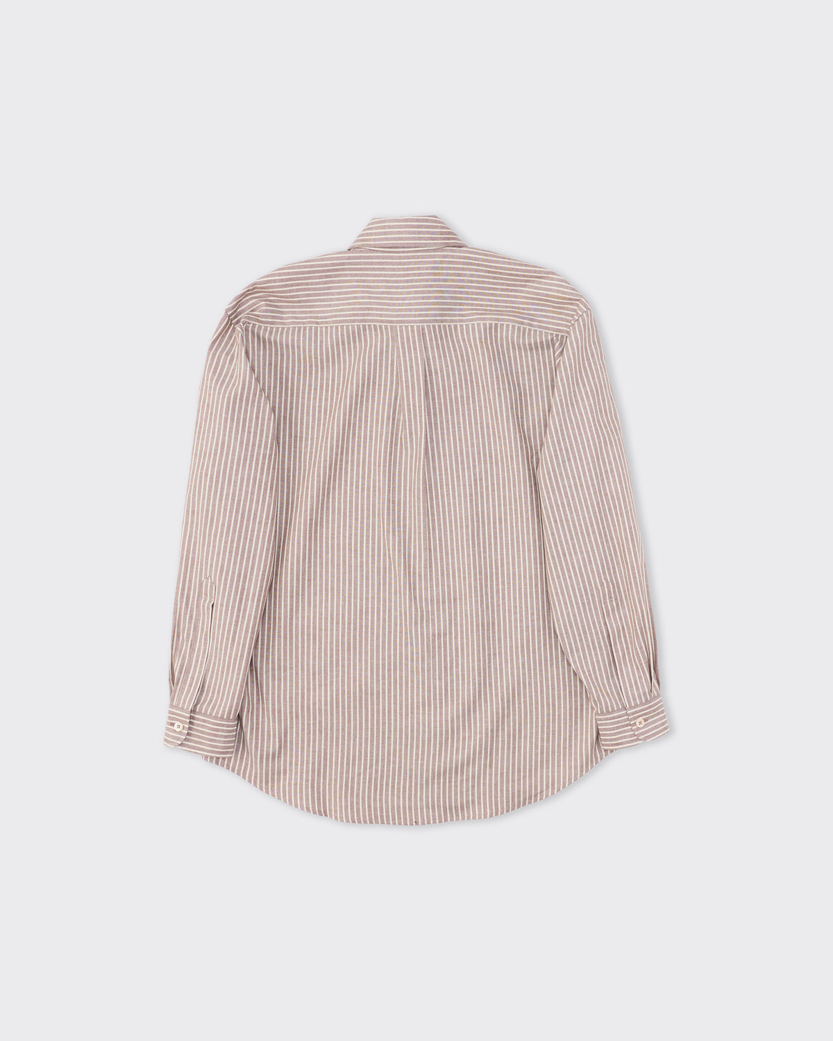 Colbo Office Shirt in brown pinstripe Japanese cotton, back, flat lay
