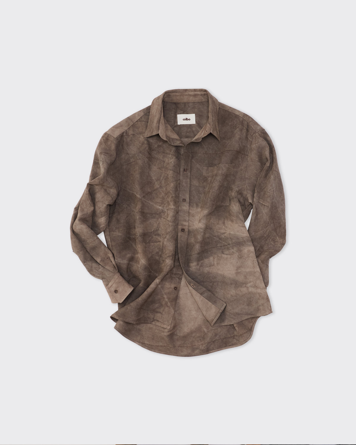 Colbo TK Shirt in cold-dyed greige Italian viscose, front, sleeves rolled, flat lay