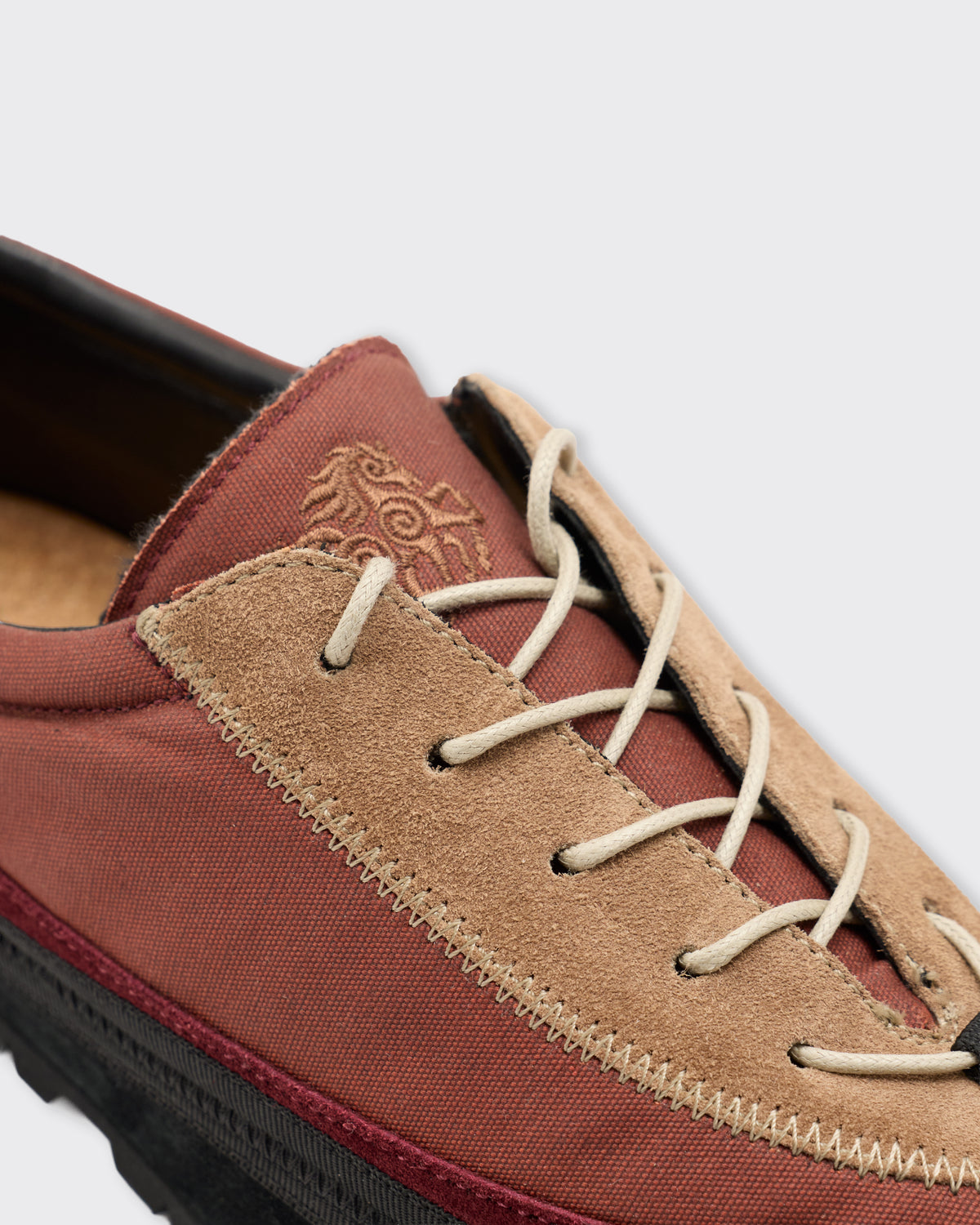 Ranra Heitt Suede Shoe in rust, lacing close-up