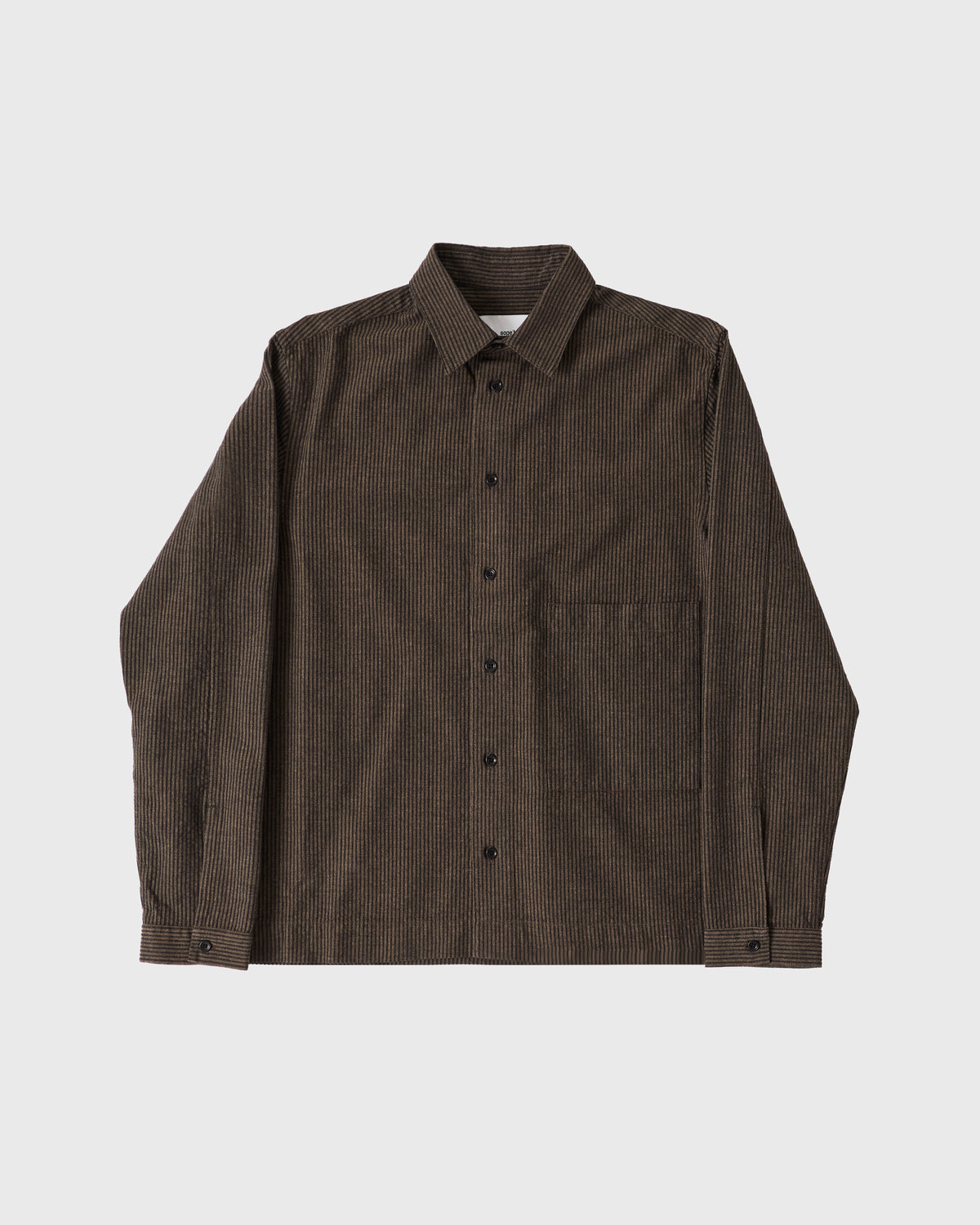 Sage Nation Natal Shirt in brown and navy stripe cotton-wool, front, flat lay