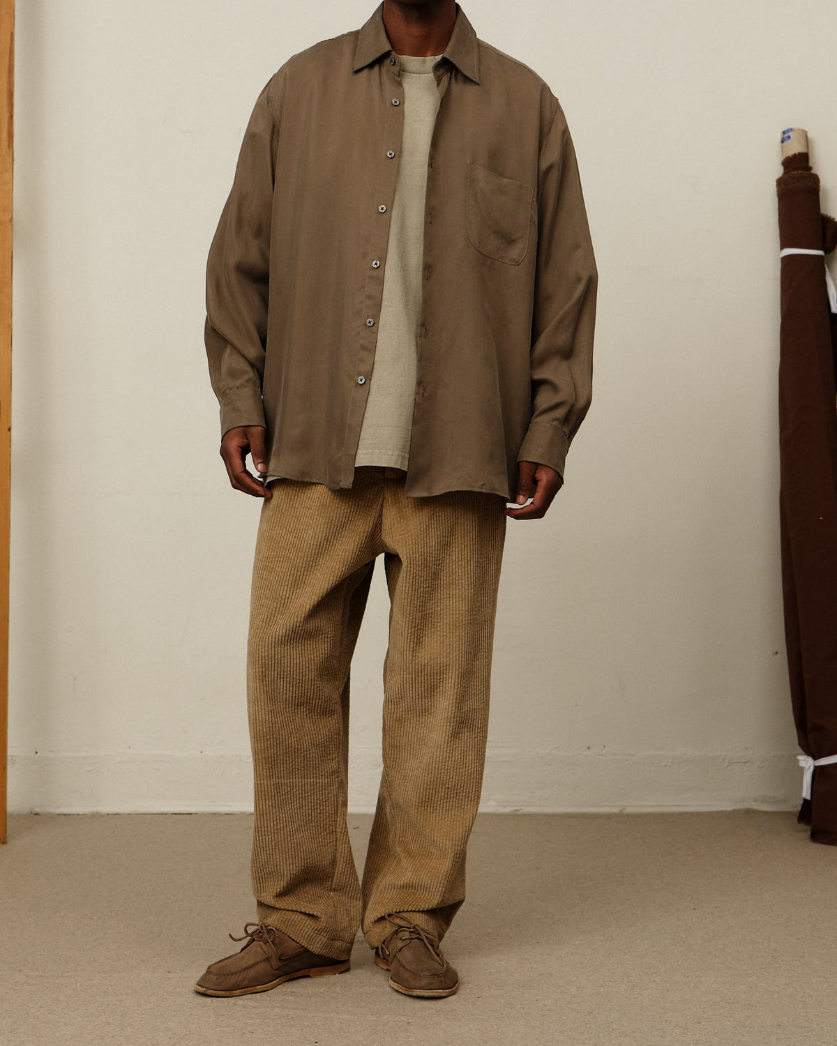 Colbo Draw Pants in beige washed corduroy, on model, front
