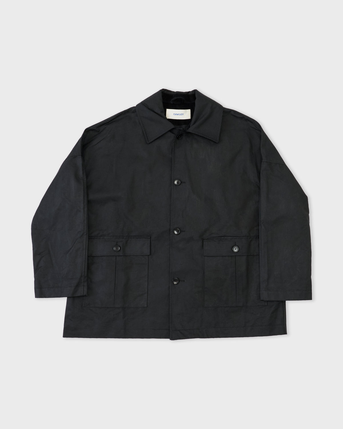 Cawley British Waxed Cotton Amis Mac in black, front