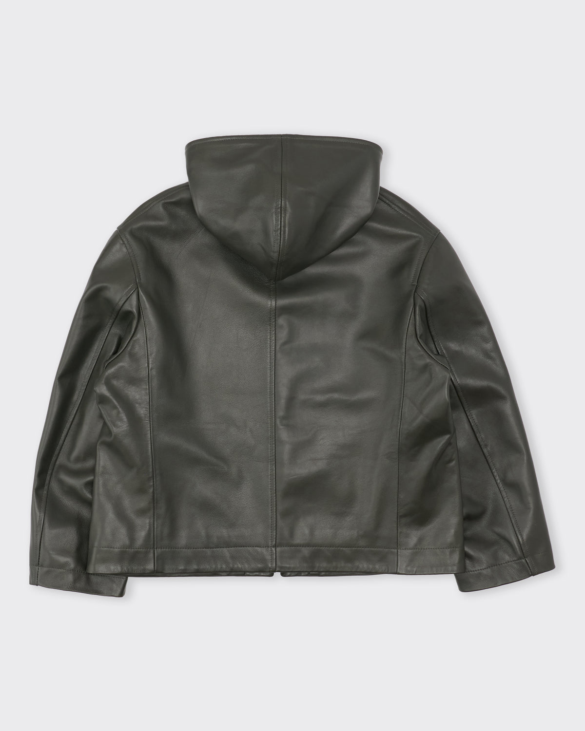 Cawley Waxy Lamb Leather Zip-Up Hoodie in olive, back