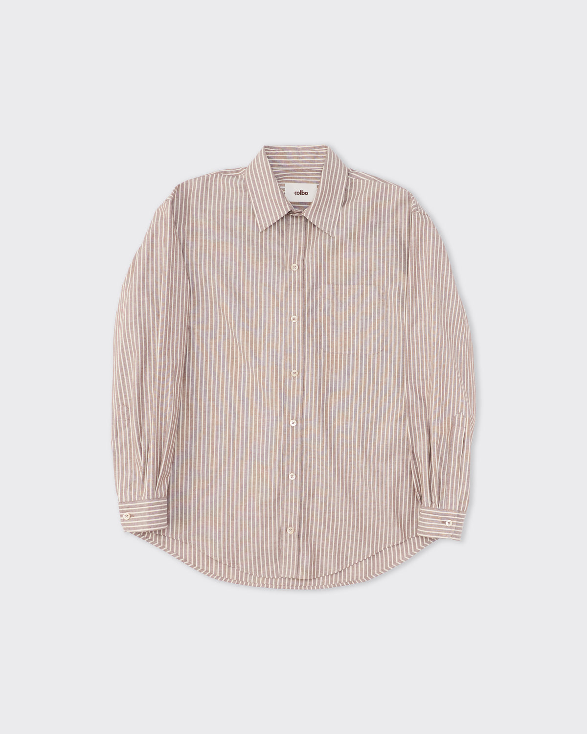 Colbo Office Shirt in brown pinstripe Japanese cotton, front, flat lay