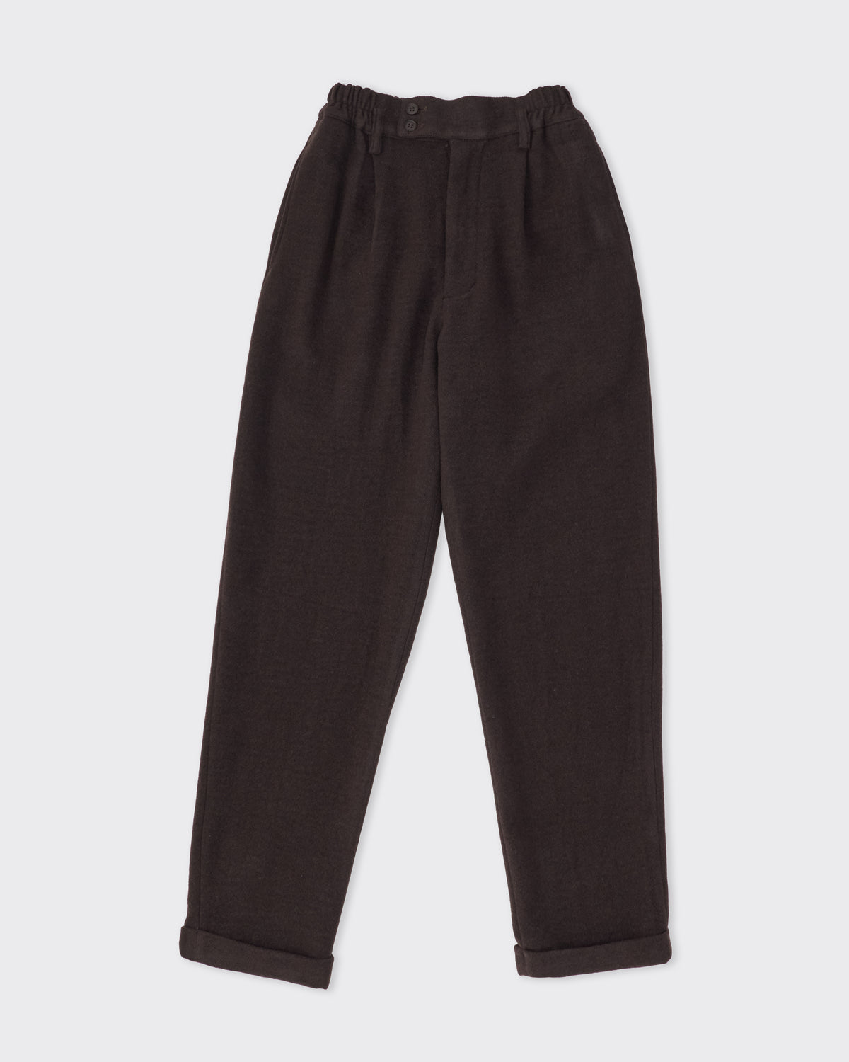 Colbo Camp Pants in dark plum wool, cashmere and linen, front, flat lay